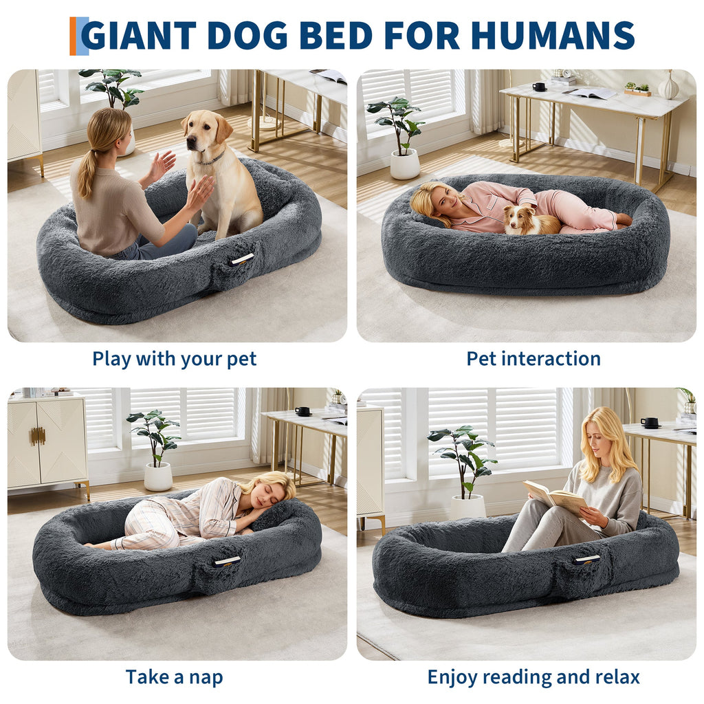 Garvee Orthopedic Soft Faux Fur Human Dog Bed for Adults & Pets – Large 67"x43"x8" Lounger, Plump Pillow, Removable Cover, Handle, Side Pocket, Washable, Bedroom, Office, Deep Blue