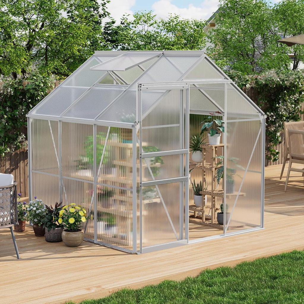 Garvee 6x6 FT Polycarbonate Greenhouse Kit for Outdoors – Durable Aluminum Frame, Lockable Sliding Door, Adjustable Roof Vent, Gutter System, Easy Setup, Ideal for Patio, Backyard, Garden – Original Color