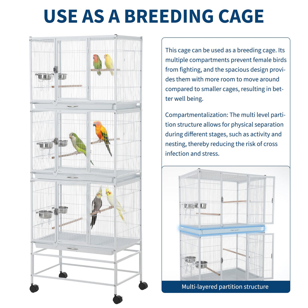 Garvee Heavy Duty Large Bird Cage - 74 Inch Stackable Aviary with 3 Dividable Compartments, Removable Trays, Spacious Flight Enclosure for Parakeets, Cockatiels, Conures, Finches, Easy Clean - White