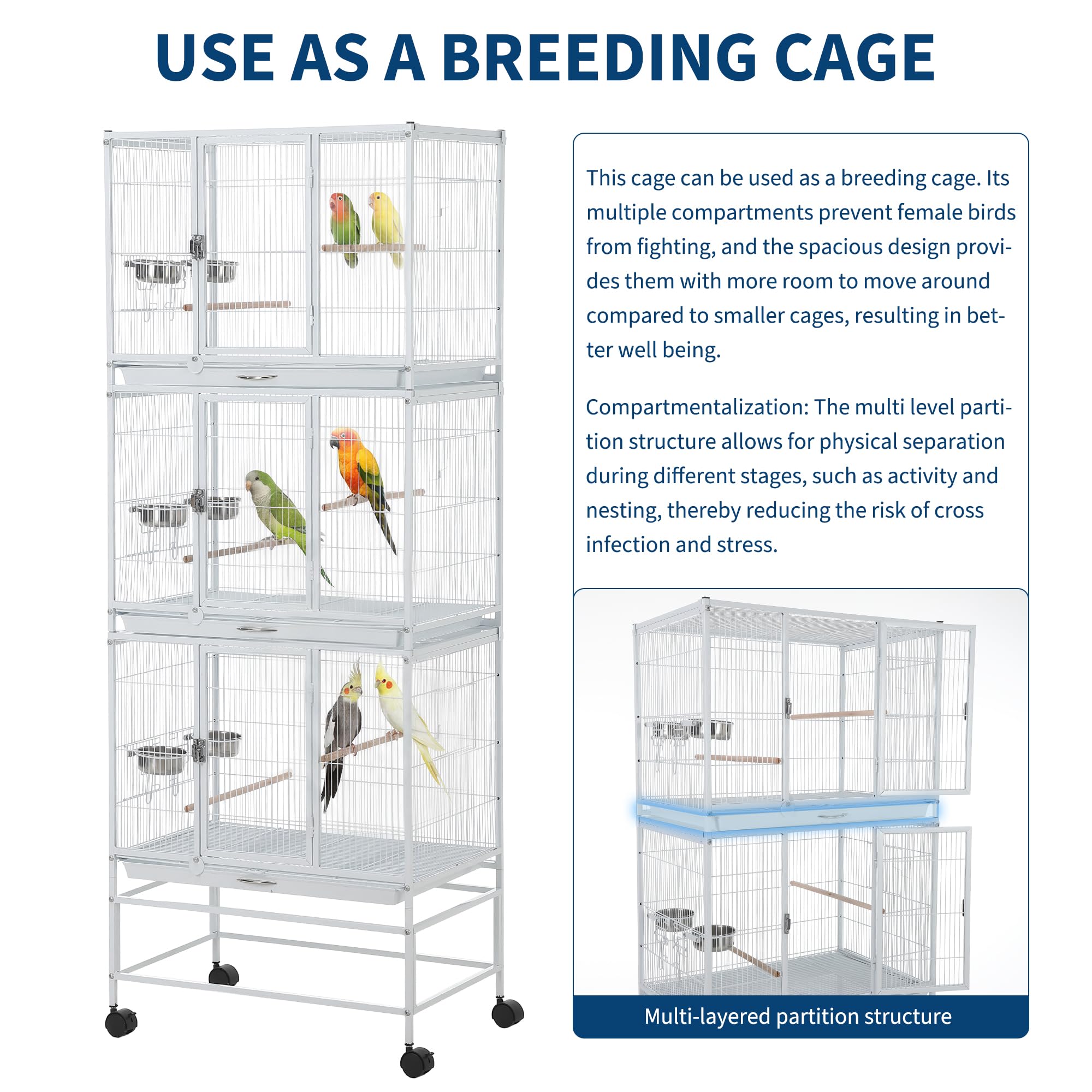 Garvee Heavy Duty Large Bird Cage - 74 Inch Stackable Aviary with 3 Dividable Compartments, Removable Trays, Spacious Flight Enclosure for Parakeets, Cockatiels, Conures, Finches, Easy Clean - White