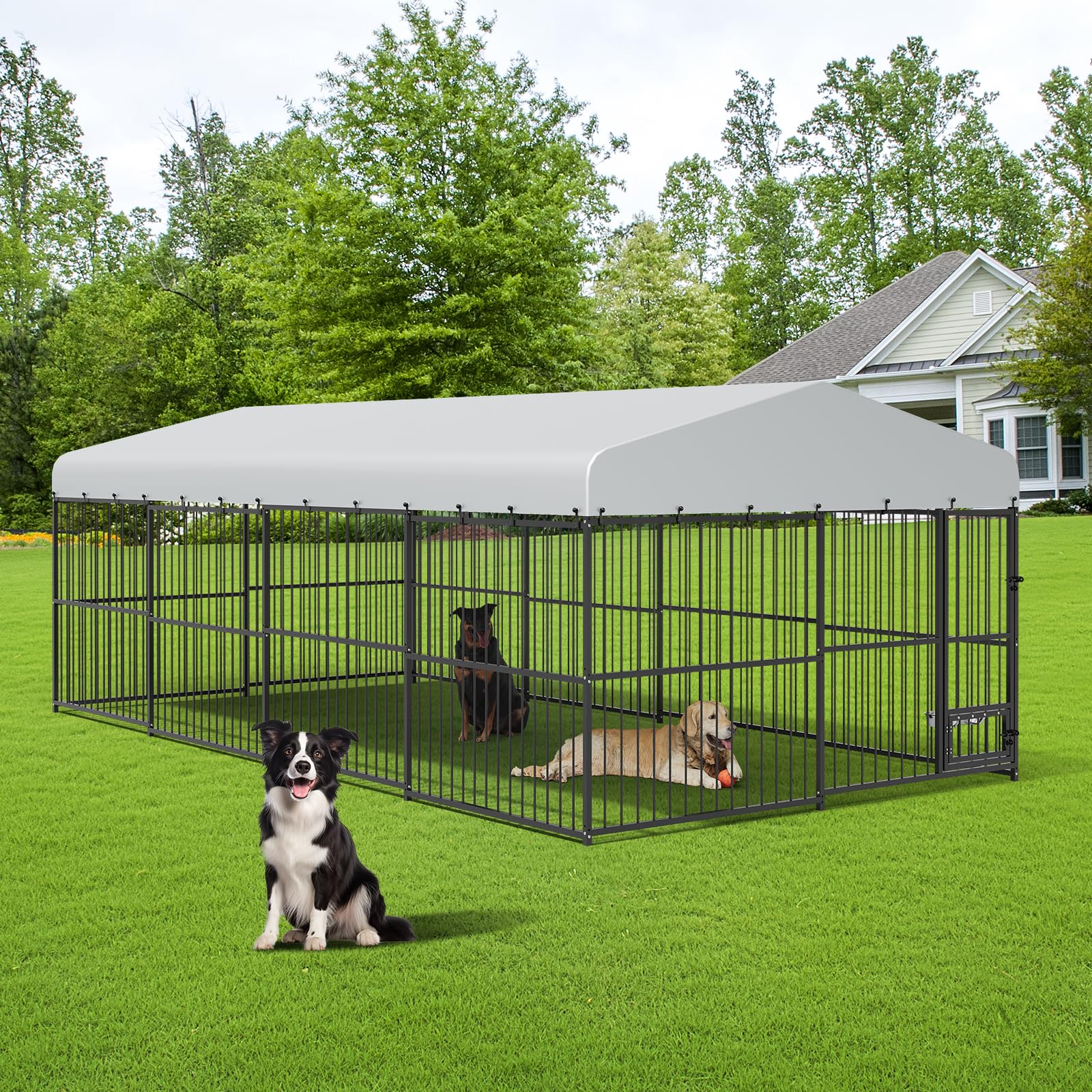 Garvee Outdoor Heavy Duty Large Dog Kennel, Walk-in Dog Cage with Metal Gate & Secure Lock, Large Dog Enclosure with Waterproof Roof, Includes Feeding Doors & Bowls for Backyard, 10x20x6 ft