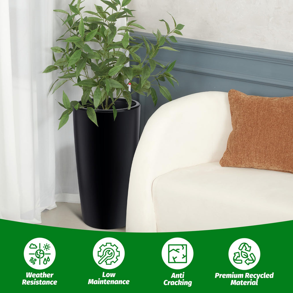 Garvee Tall Planters for Front Porch & Patio, 2-Pack 30 in Self-Watering Pots with Drainage Holes, Water-Level Monitors and Inner Buckets, Black
