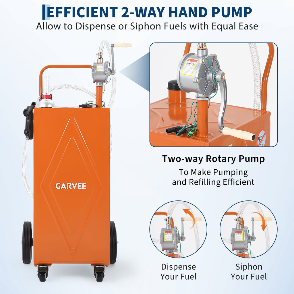 Garvee 35 Gallon Heavy-Duty Steel Fuel Caddy with Manual Rotary Pump – Mobile Gasoline & Fuel Injector Transfer Tank on Reinforced 4 All-Terrain Wheels – Portable Storage Container for Trucks, Boats, ATVs, Lawn Mowers, Farm Equipment – Orange – Reinforced