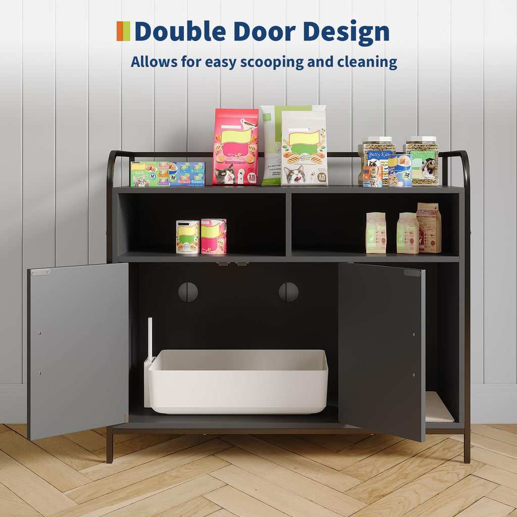 Garvee Cat Litter Box Enclosure, Wooden Cat Washroom Furniture with Barn Door, Storage Shelf and Top Display Shelf, Hidden Litter Box Cover, Dog Proof Feline Litter Boxes, Kitty House, Fits Most Litter Boxes, Black