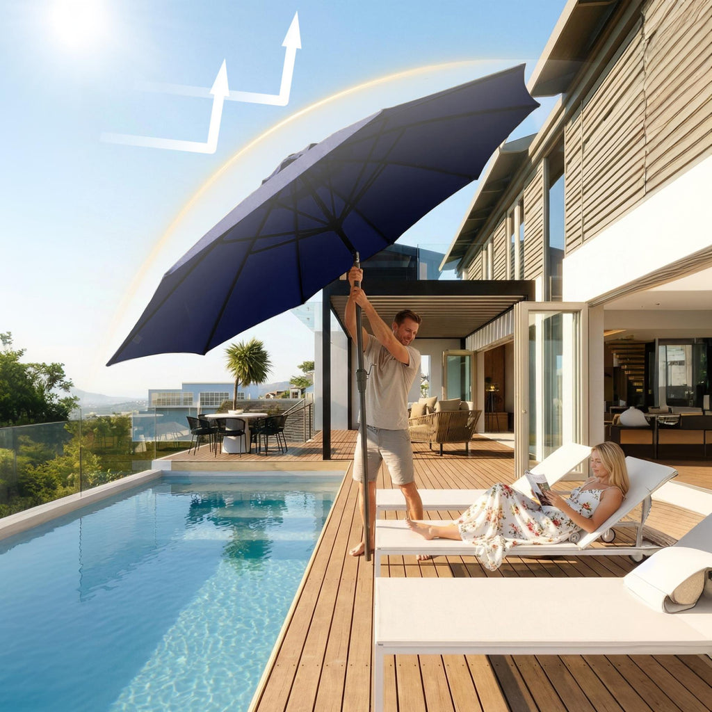 Garvee 9FT Outdoor Patio Umbrella, Navy Blue Market Table Umbrella with Push Button Tilt, Crank Lift, 8 Sturdy Ribs, UV-Resistant Waterproof Sun Shade for Garden, Backyard, Deck & Pool