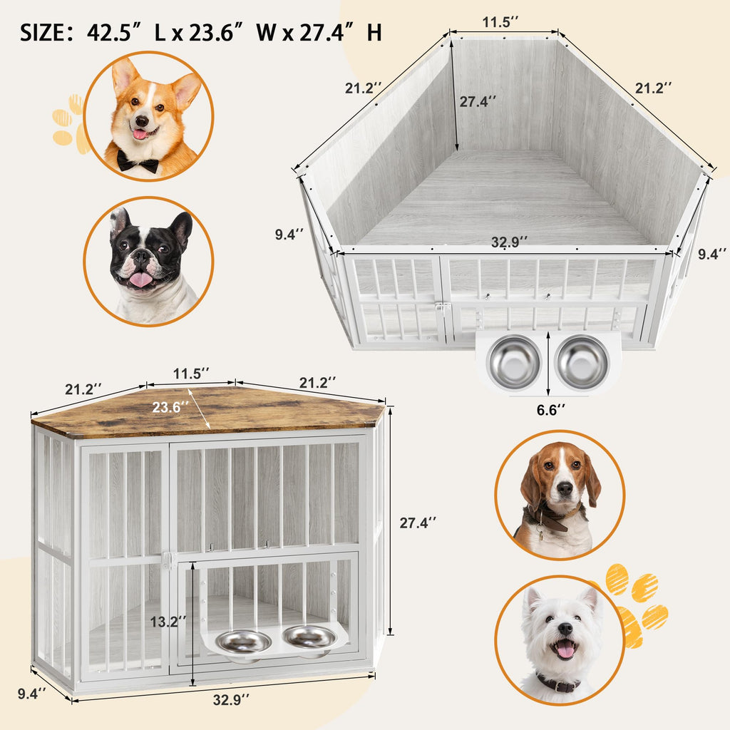 Garvee Space-Saving Corner Dog Crate Furniture – Wooden Indoor Kennel End Table with 360° Rotating Door, Stainless Steel Feeding Bowls, Decorative Design for Small Dogs, Washed White, Classic + Washed White + White Iron Frame