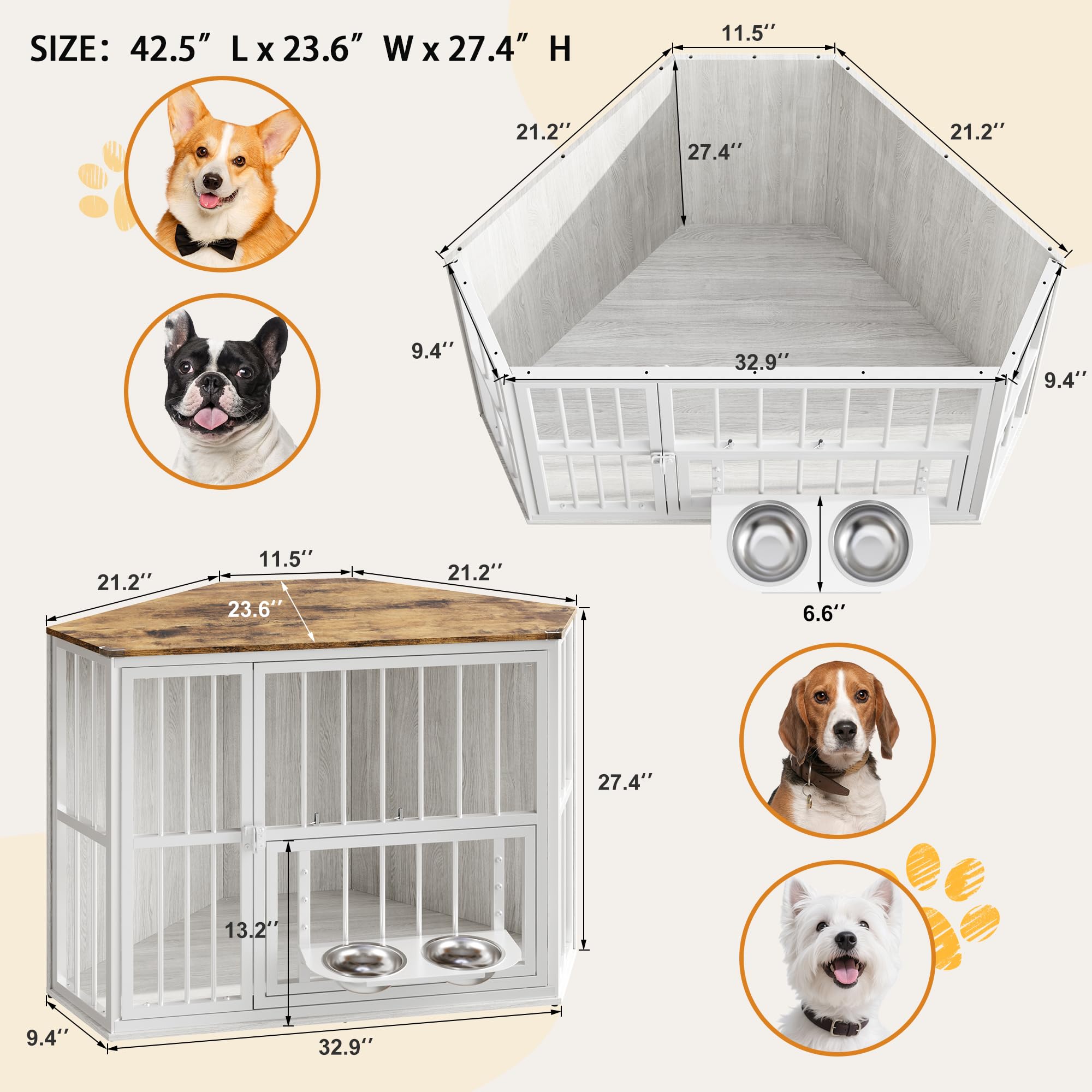 Garvee Space-Saving Corner Dog Crate Furniture – Wooden Indoor Kennel End Table with 360° Rotating Door, Stainless Steel Feeding Bowls, Decorative Design for Small Dogs, Washed White, Classic + Washed White + White Iron Frame