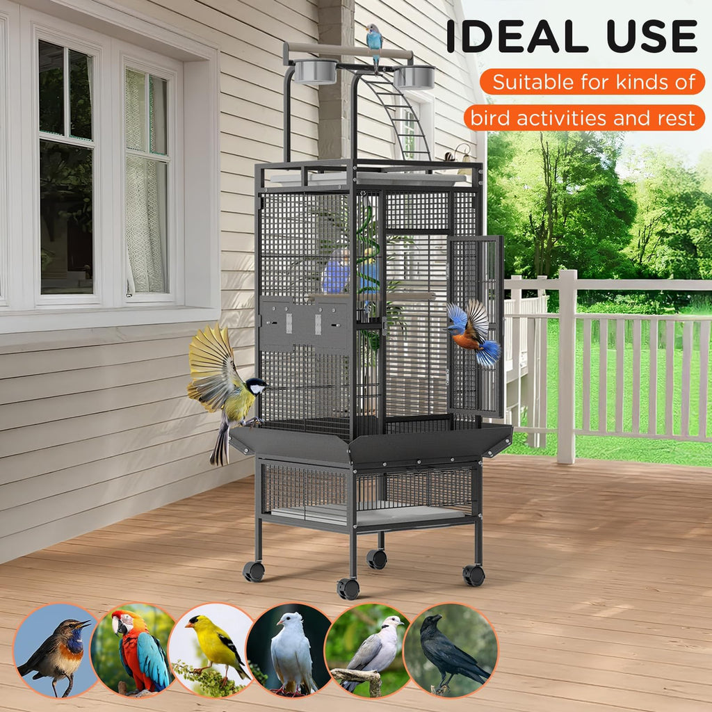 Garvee 60 Inch Wrought Iron Large Bird Flight Cage with Rolling Stand, Play Top & 4 Stainless Steel Bowls, Flight Parrot Cage for African Grey, Cockatiel, Conure, Parakeet, Budgie, Lovebird, Black