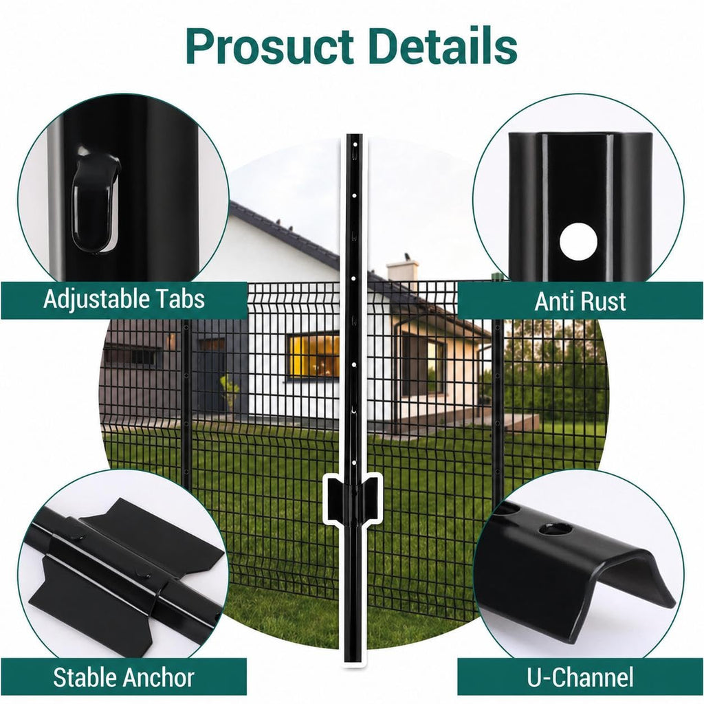 Garvee Heavy Duty 4 FT U-Channel Metal Fence Posts (8-Pack) - No-Dig Steel Garden Stakes with Anchor Plates for Yard Protective Wire Fencing, Black