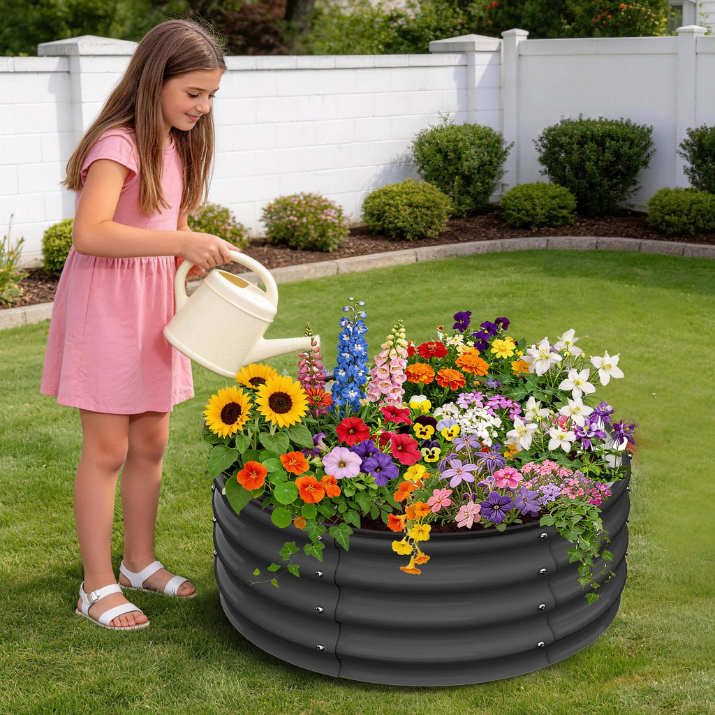 Garvee Round Galvanized Raised Garden Bed 2x2x1FT Heavy Duty Steel Open Bottom Anti-Rust Wave Shape Safe Corners Outdoor Gardening