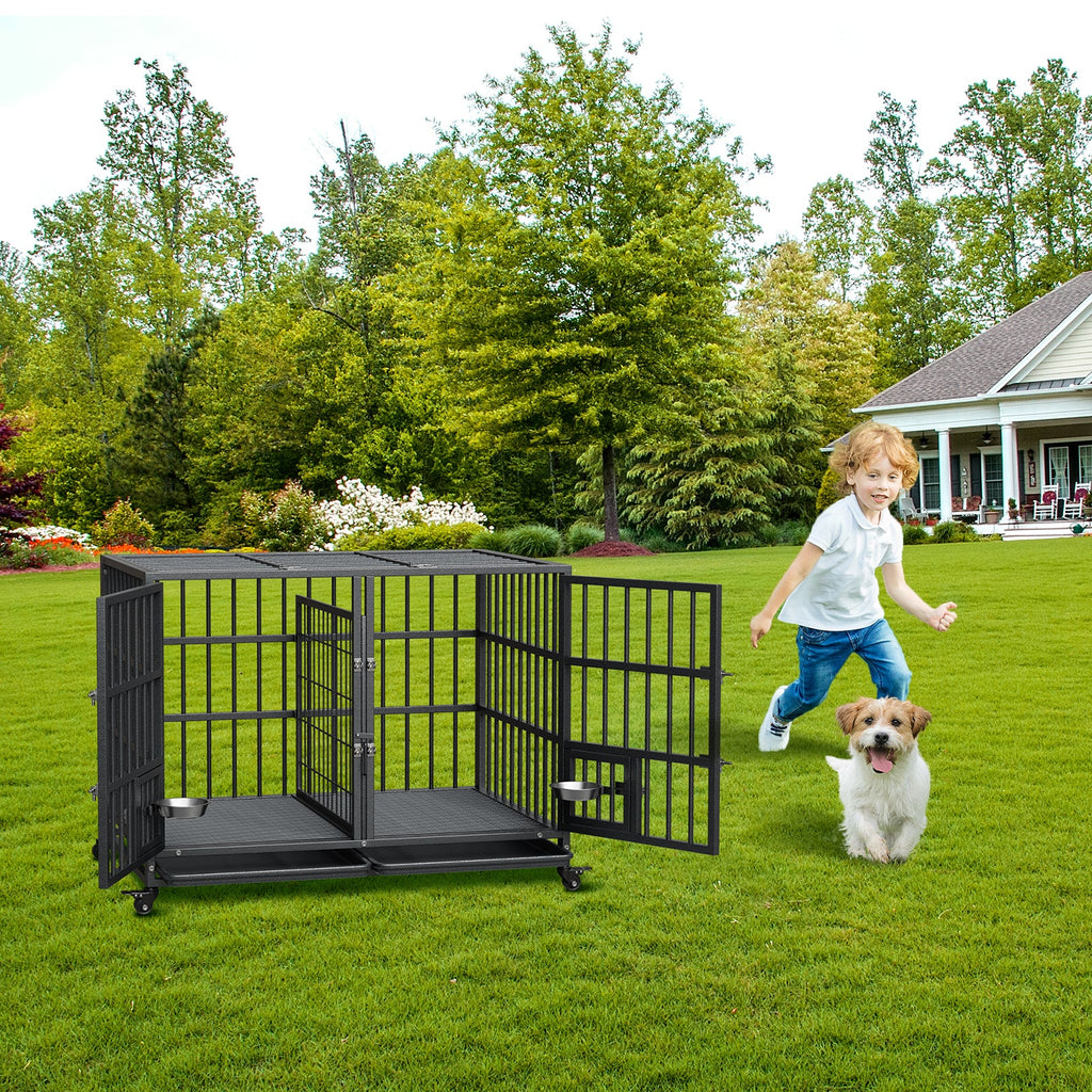 Garvee Heavy Duty Sliding Rail Dog Crate, 42 Inch Dog Crate with Double Door, 360° Lockable Wheels and Removable Tray, Easy to Assembly, Indoor Outdoor Dog Kennel for Small to Large Dogs