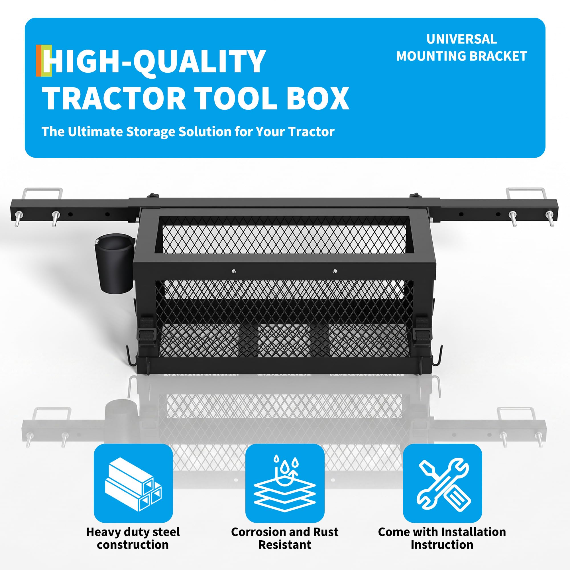 Garvee  23.5" x 10" x 10" Heavy Duty Steel Tractor Storage Organizer Tray – Global Interior Container for ROPS, Zero Turn Mowers – Multi-Function Utility Holder - Without Tool Box