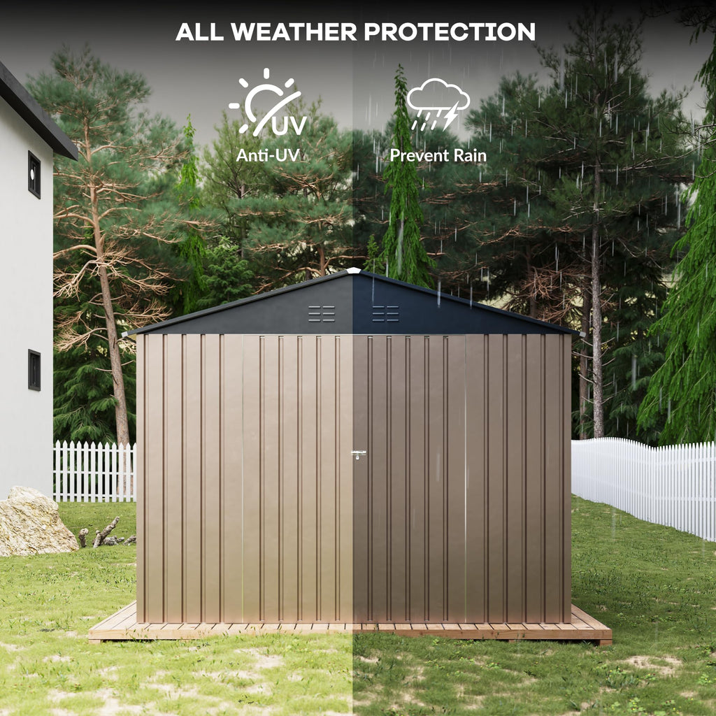Garvee Spacious 8x12 FT Metal Outdoor Storage Outdoor Storage - Reinforced Frame, Lockable T-Type Door, Weatherproof, Ideal for Garden Tools & Bikes - Brown with Dark Roof