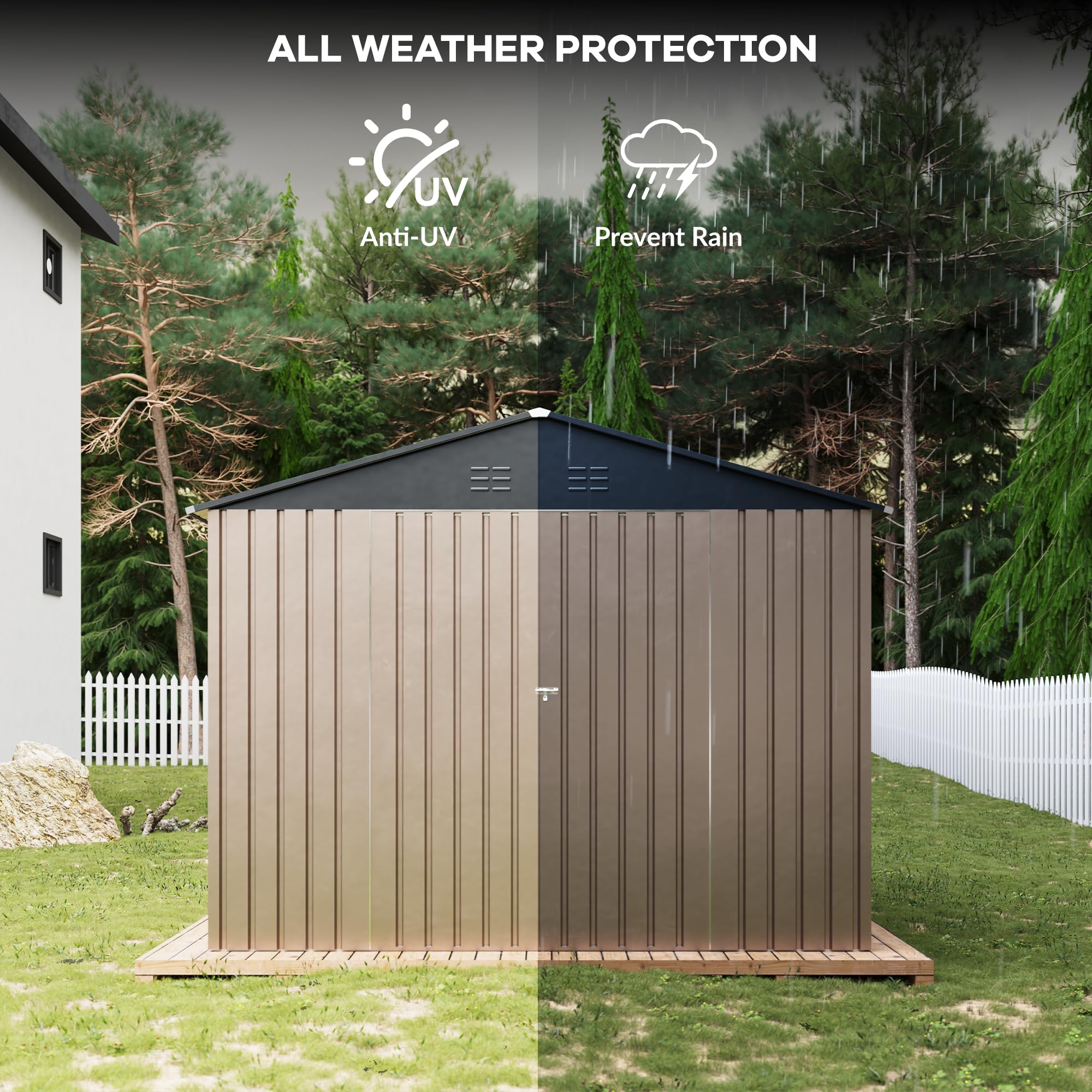 Garvee Spacious 8x12 FT Metal Outdoor Storage Outdoor Storage - Reinforced Frame, Lockable T-Type Door, Weatherproof, Ideal for Garden Tools & Bikes - Brown with Dark Roof