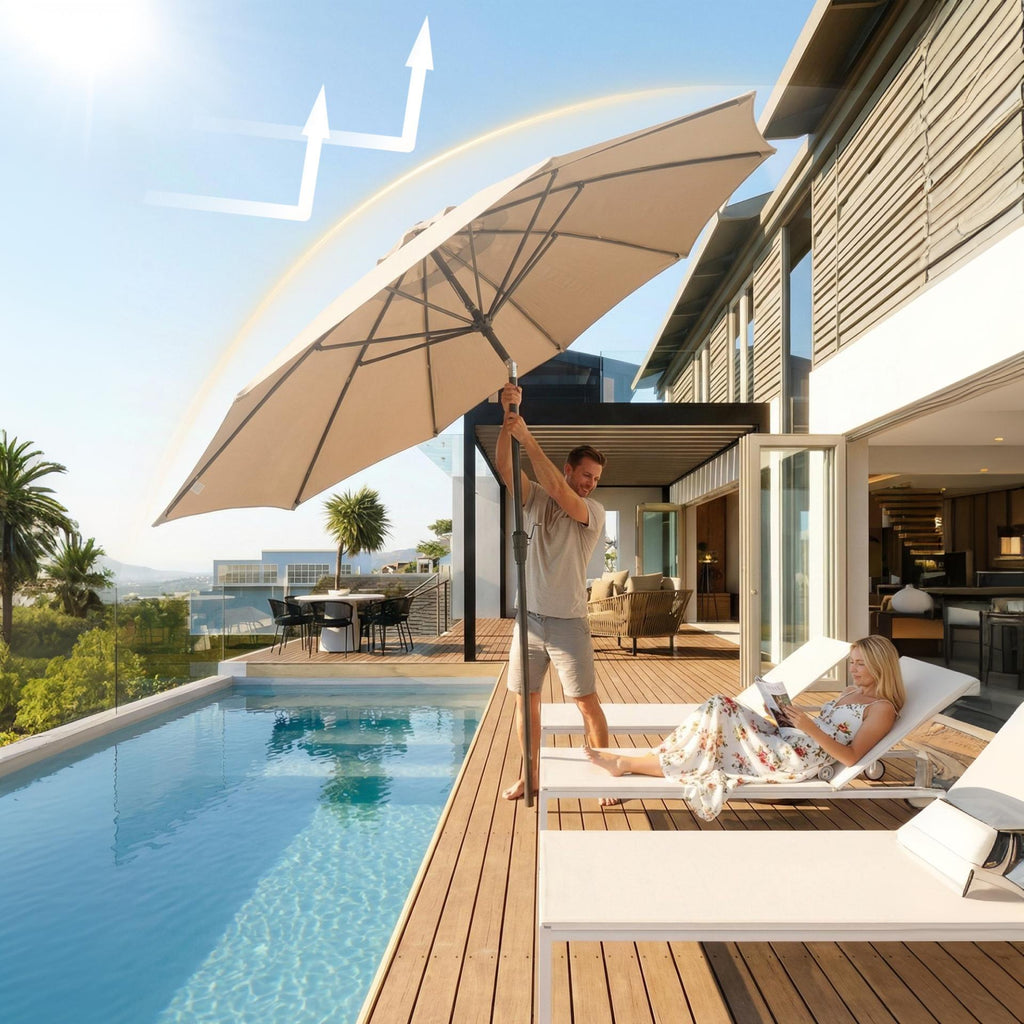 Garvee 9 FT Patio Umbrella, 8-Rib Alloy Steel Market Umbrella with Push-Button Tilt & Crank, UV-Resistant Waterproof Round Shade for Garden, Deck & Pool, Brown