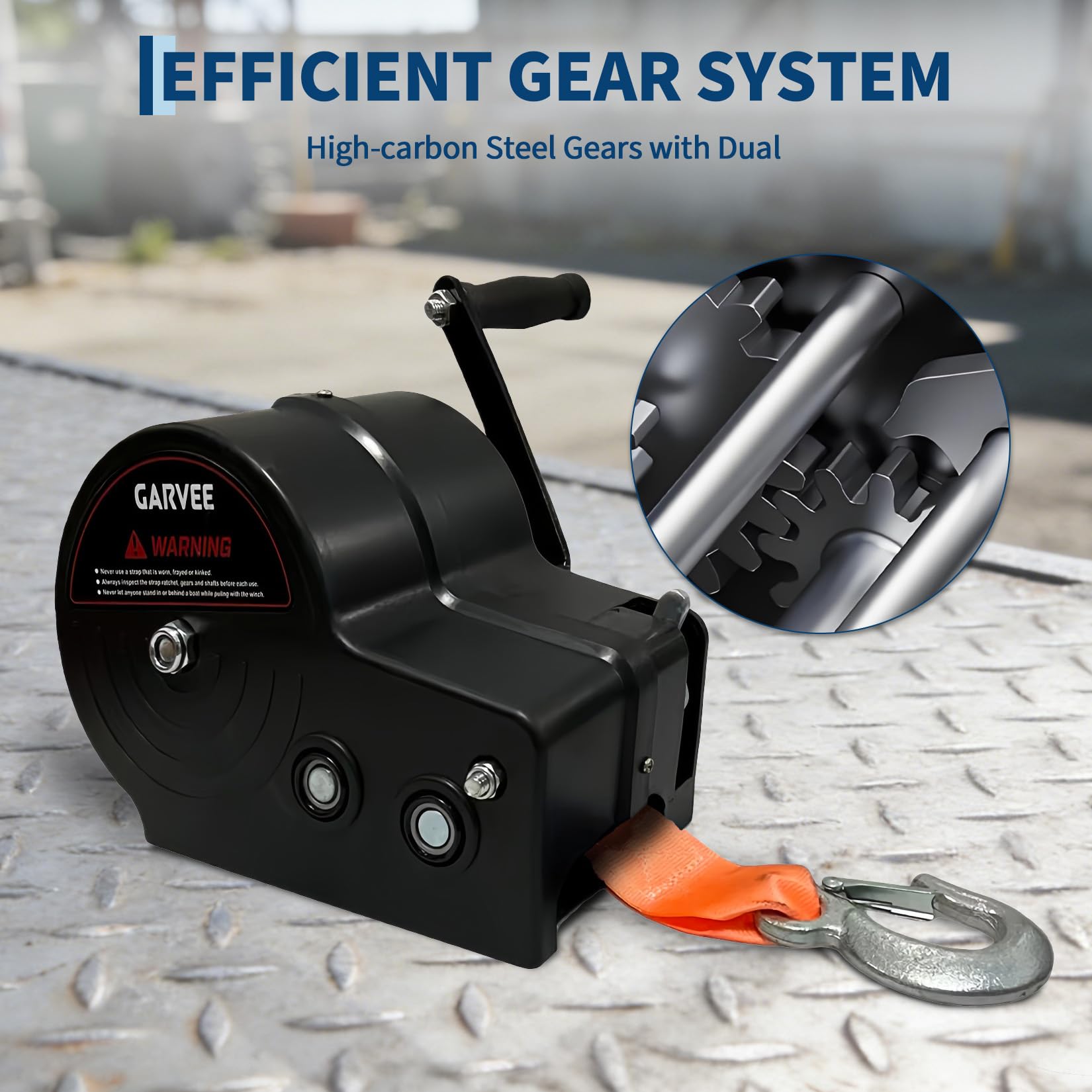 Garvee 3500 lbs Heavy-Duty Boat Trailer Winch - Hand Crank Winch with 33ft Strap, 4:1/8:1 Gear Ratio for Towing and Pulling Boats, Trailers, Trucks, RVs, ATVs, Jet Skis, and Off-Road Recovery, Orange