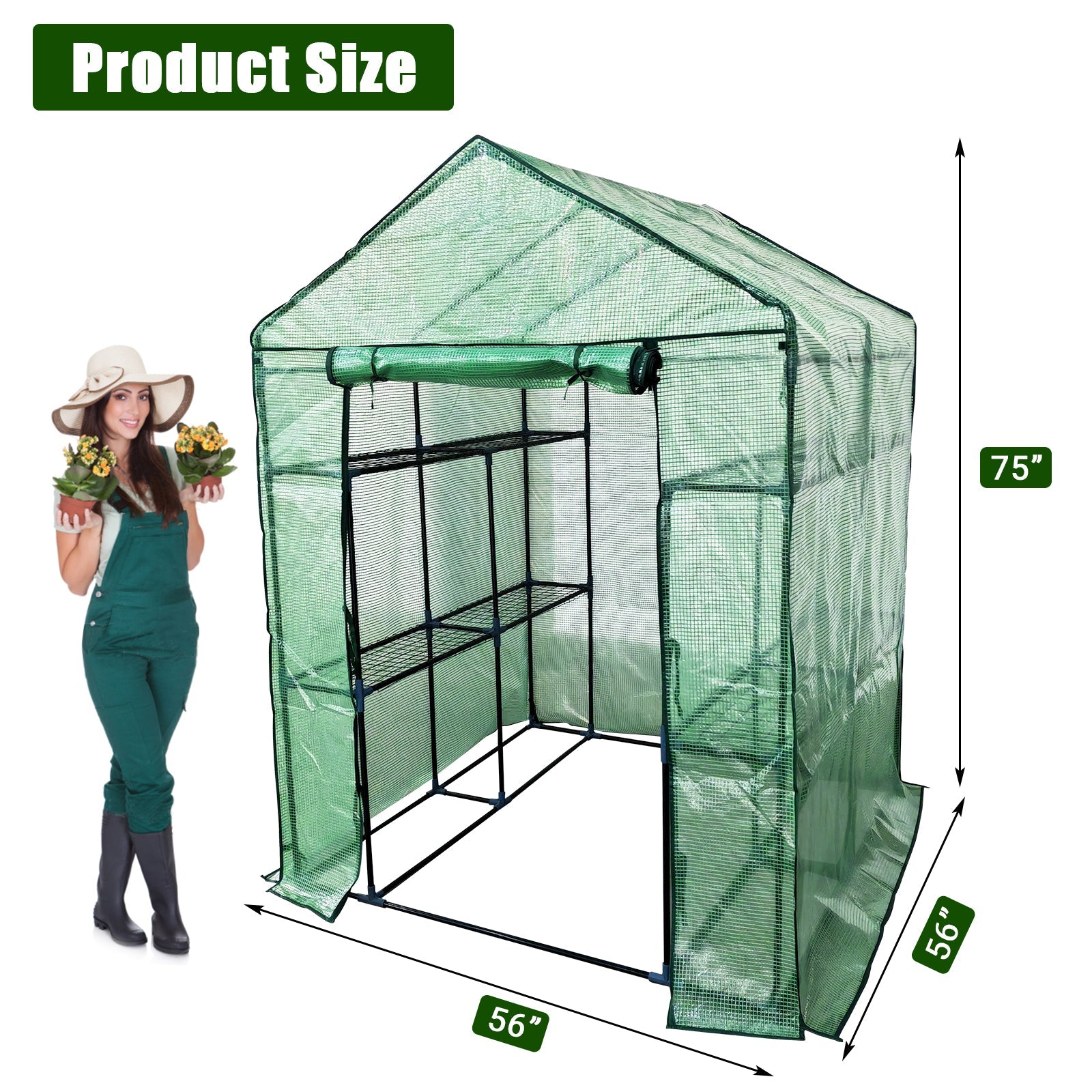Garvee Walk-In Greenhouse 56 × 56 × 75 in, 6-Shelf Portable Green House with 140 g/m² PE Cover, Steel Frame and Roll-Up Zipper Door for Patio, Garden and Backyard, Green