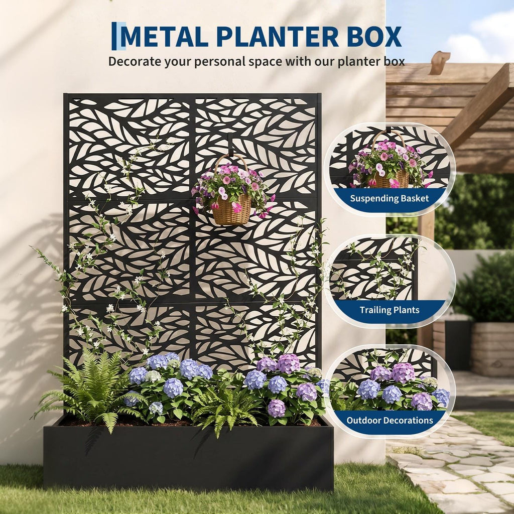 Garvee Raised Planter Box with Trellis for Climbing Plants, 71 x 44 x 16 in All-Weather Metal Garden Bed with Privacy Screen, Drainage Holes, Black