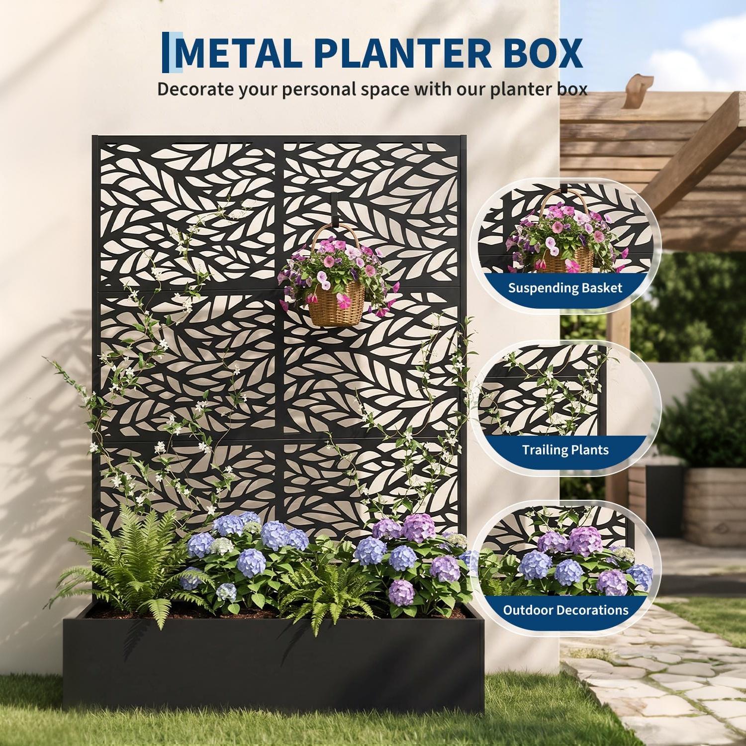 Garvee Raised Planter Box with Trellis for Climbing Plants, 71 x 44 x 16 in All-Weather Metal Garden Bed with Privacy Screen, Drainage Holes, Black