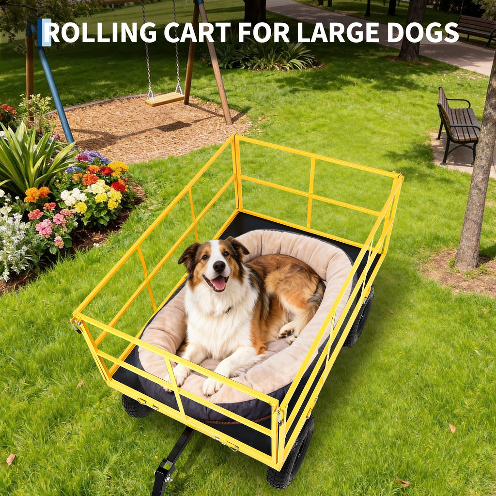 Garvee Heavy Duty 1500 lbs Steel Garden Cart – 3-in-1 Outdoor Utility Wagon with Removable Mesh Sides, 13" All-Terrain Wheels, 180° Rotating Handle – Lawn, Soil, Tool & Plant Carrier – 13-inch wheels, black hubs + yellow frame + black handlebars
