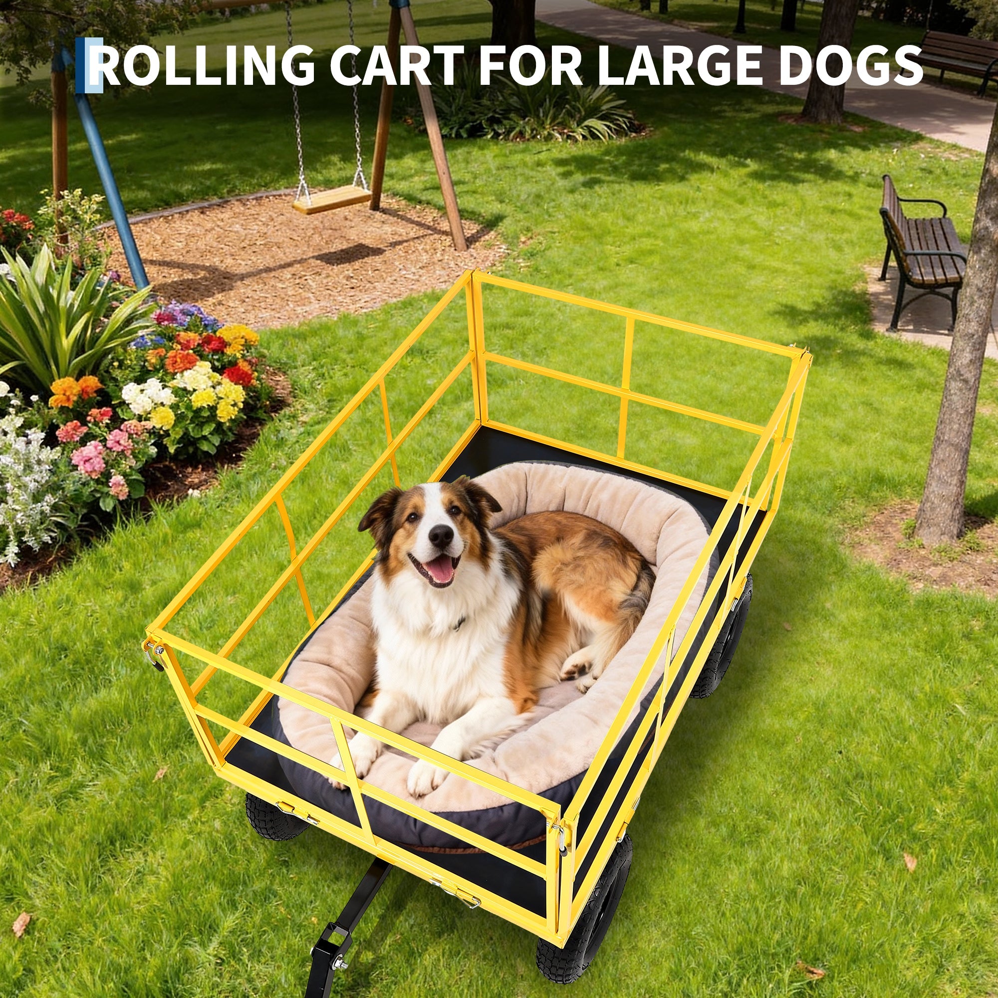 Garvee Heavy Duty 1500 lbs Steel Garden Cart – 3-in-1 Outdoor Utility Wagon with Removable Mesh Sides, 13" All-Terrain Wheels, 180° Rotating Handle – Lawn, Soil, Tool & Plant Carrier – 13-inch wheels, black hubs + yellow frame + black handlebars