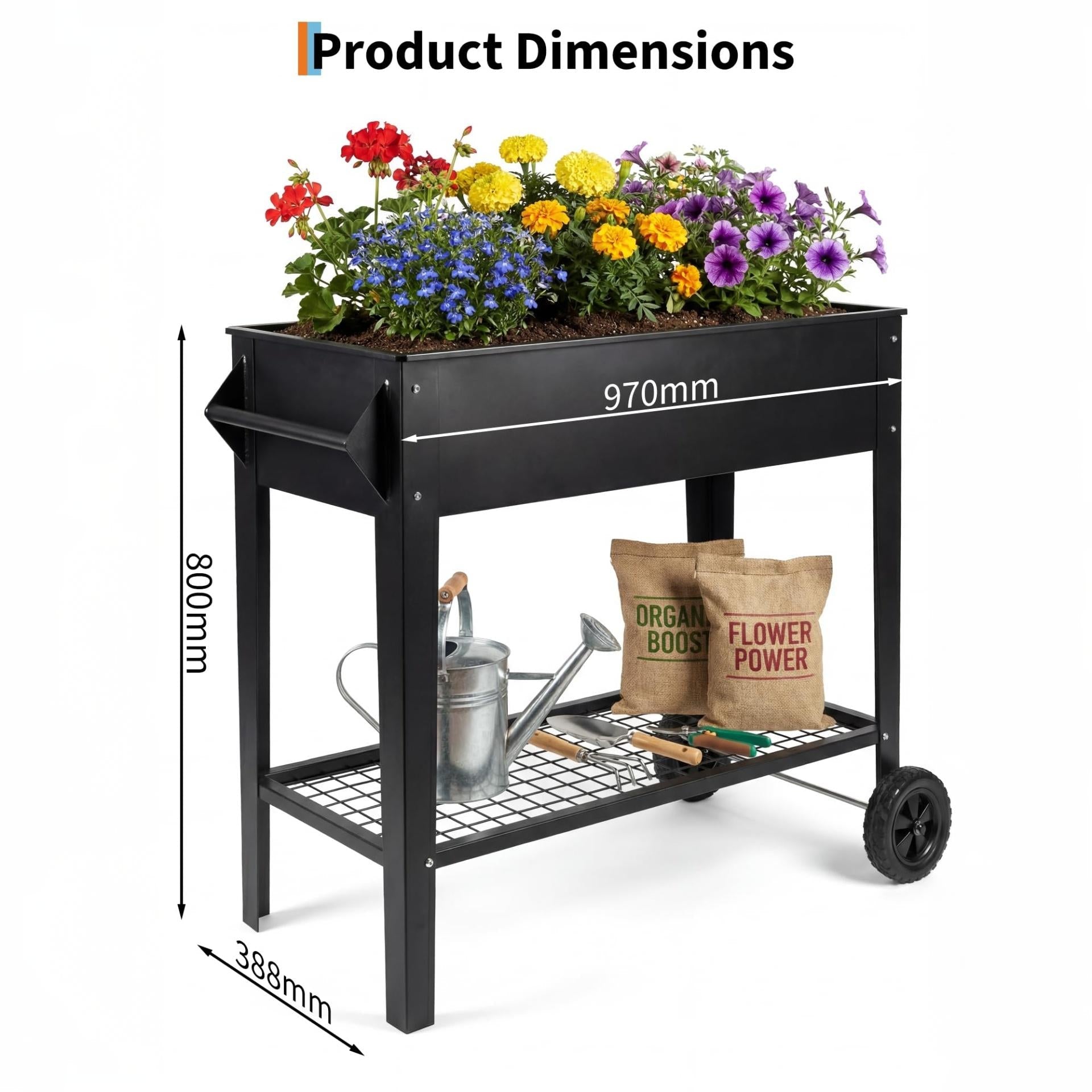 Garvee 40" x 32" x 15.3" Black Raised Garden Bed with Wheels & Storage Shelf, 400 lb Capacity Anti-Rust Steel Elevated Planter Box with Drainage Holes for Vegetables, Herbs, Flowers, Patio, Balcony & Backyard