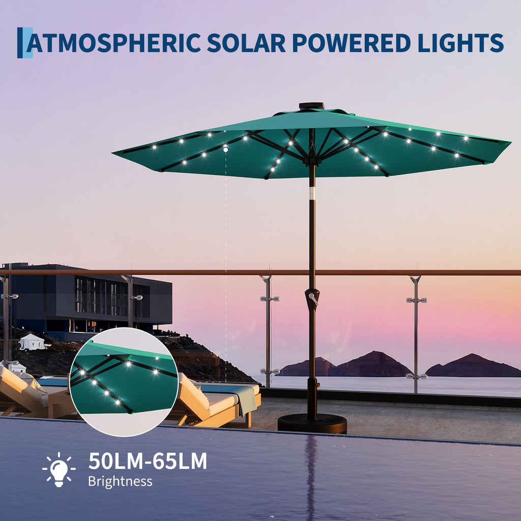 Garvee 10 ft Solar Patio Umbrella with 32 LED Lights, Outdoor Market Umbrella with Crank Lift & Tilt, UV-Resistant Canopy for Pool, Garden & Backyard, Sky Blue