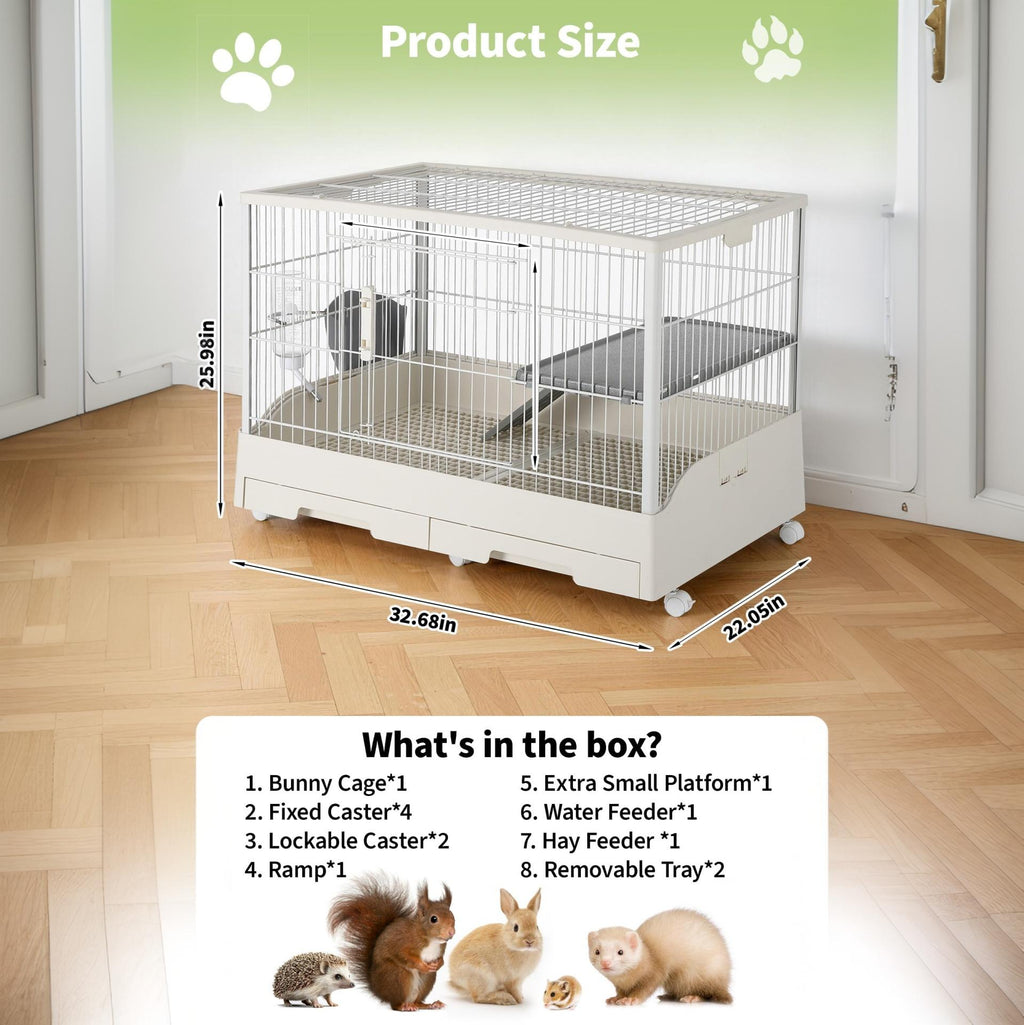 Garvee Small Animal Cage, Durable Large Rabbit Hutch, 33“ Small Animal Cage with 2 Removable Tray, Ramp, 6 Casters, Water & Hay Feeder, Indoor & Out Door Use for Rabbit, Hamster