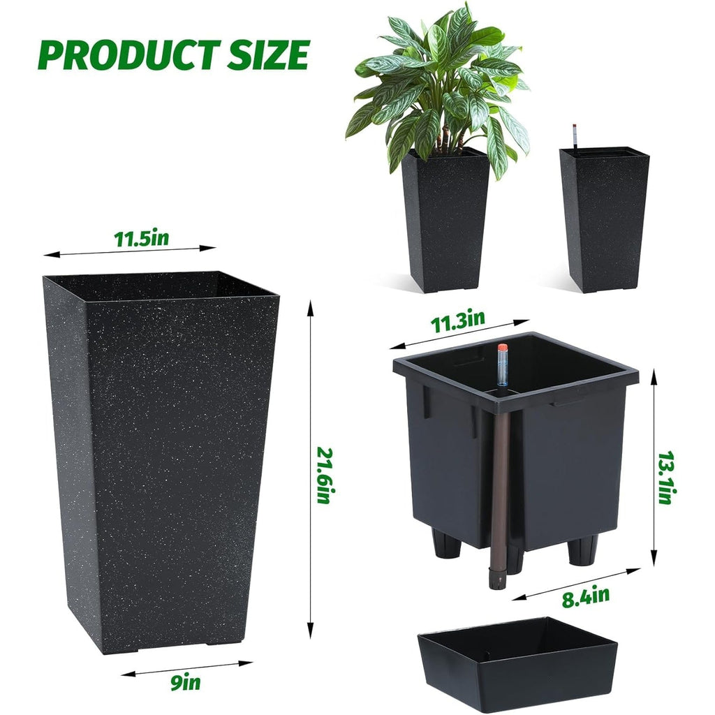 Garvee Self-Watering Planter Pots for Patio and Balcony, 4-Pack 16-Inch Black Plastic Flower Pots with 4 Inner Buckets and Water Gauges