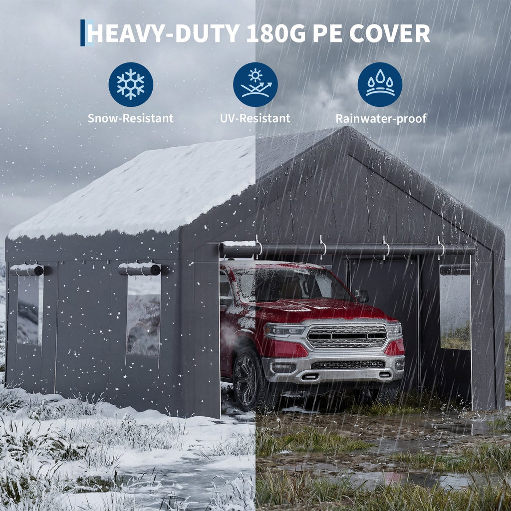 Garvee Portable Carport, 12 x 20 FT White Vehicle Shelter with Galvanized Steel Frame, 4 Roll-Up Doors and 4 Vent Windows for Cars, Trucks and Boats