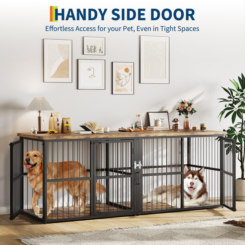 Garvee 87 in Extra Large Double Dog Crate Furniture with Divider, Heavy Duty Kennel with 3 Lockable Doors, Wooden Indoor Pet House TV Stand for 2 Small Medium Large Dogs, Black+Brown Tabletop