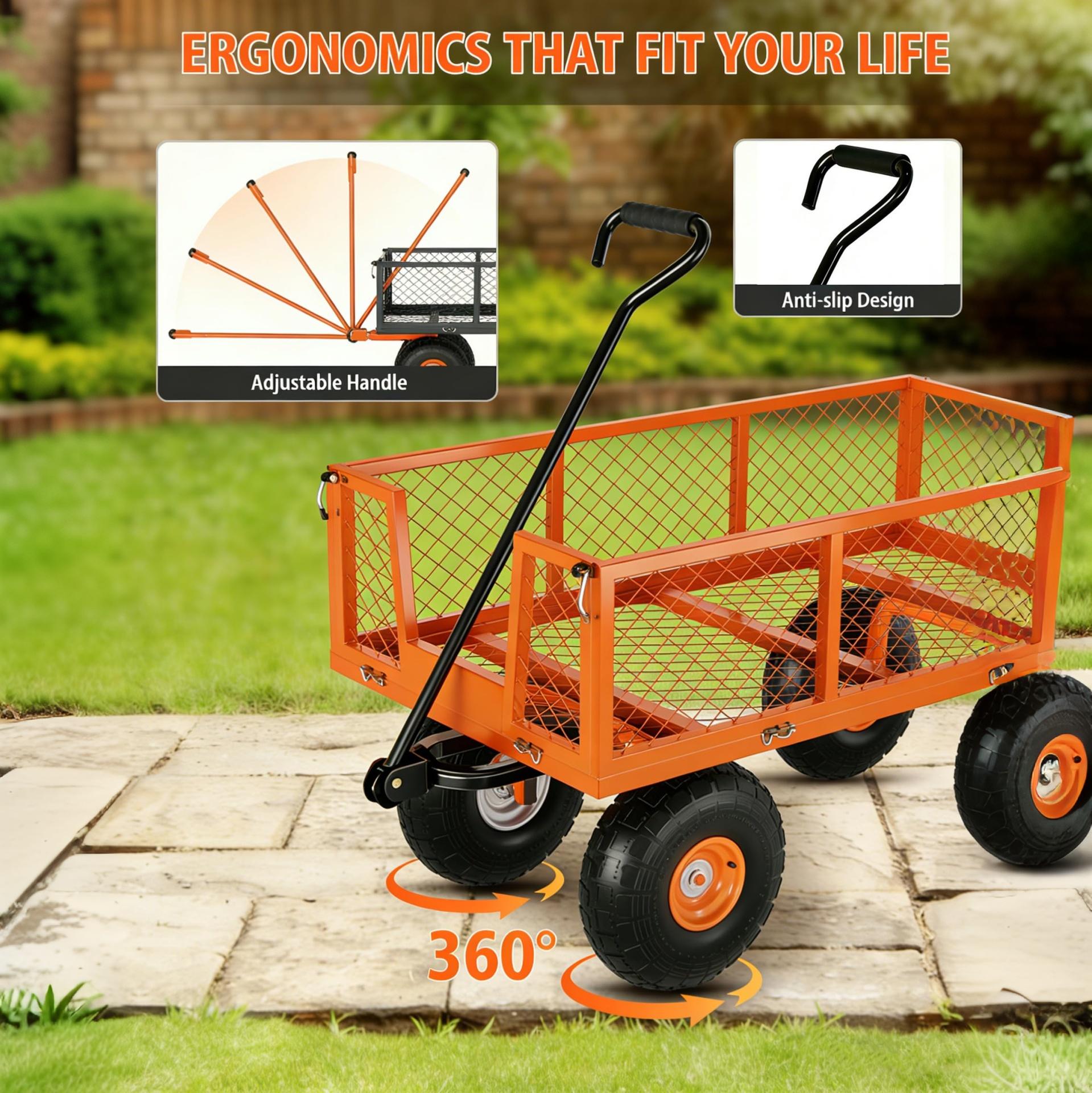 Garvee 500 lb Steel Garden Cart, 33.86 x 18.11 x 42.52 in 3-in-1 Utility Wagon with Removable Mesh Sides, 10 in Pneumatic Wheels & 180° Handle for Yard, Lawn and Farm, Orange