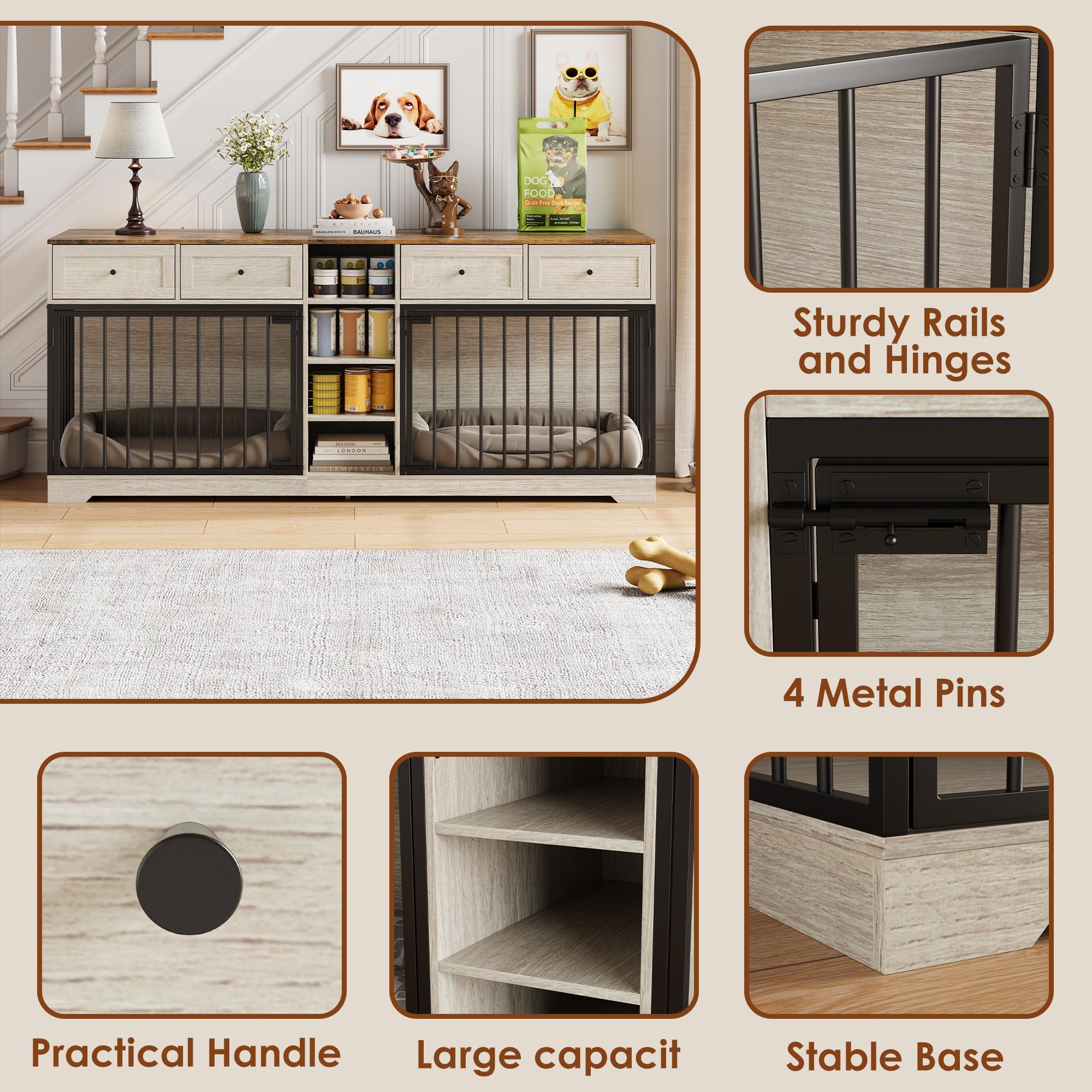 Garvee 82" Large Dog Crate for 2 Dogs, Dog Kennel Indoor with 4 Drawers and Shelves, Heavy Duty Double Dog Crate Furniture TV Stand, Wooden Dog Cage for Medium Large Dogs, Washed White