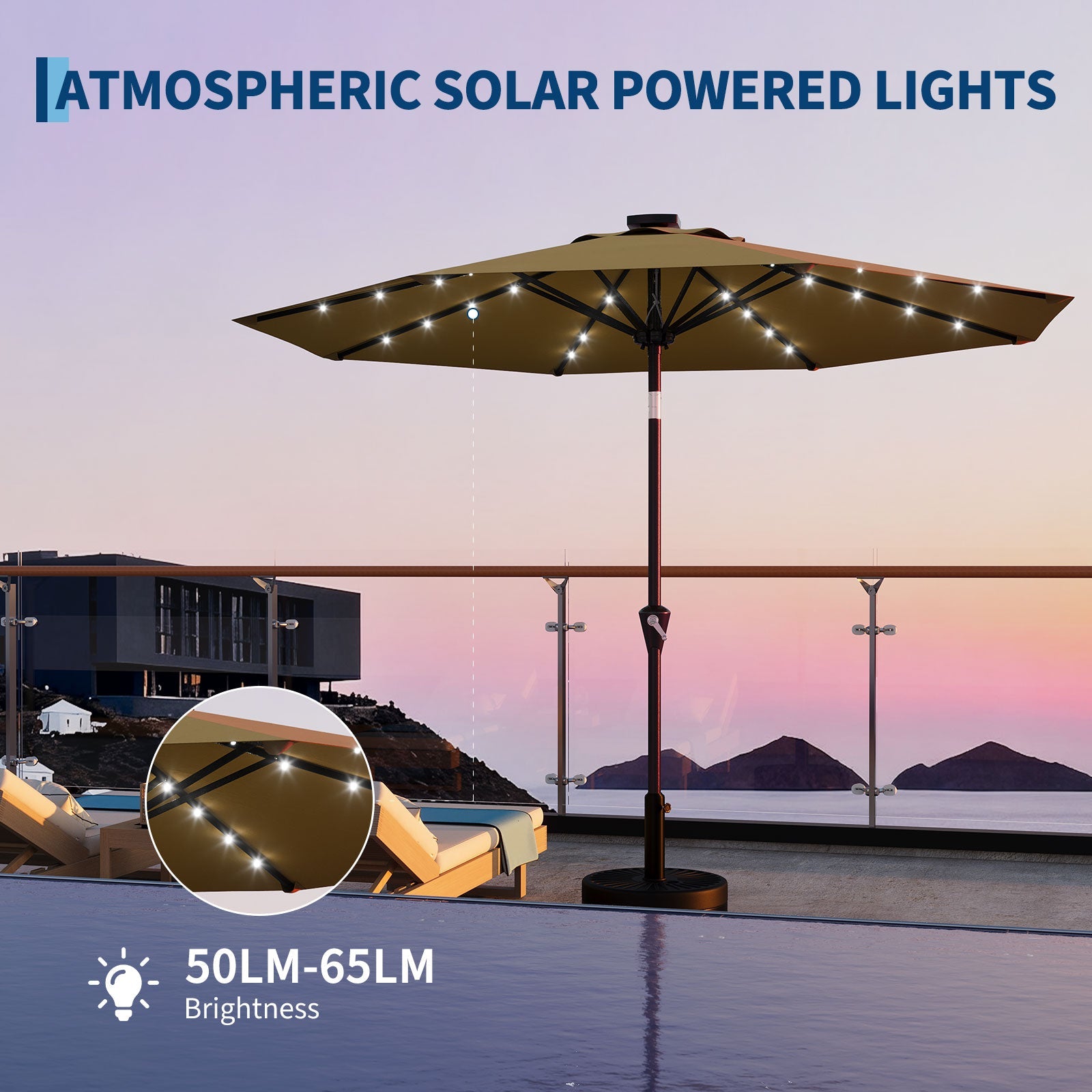 Garvee 9FT Solar LED Patio Umbrella, Waterproof Outdoor Market Table Umbrella with 8 Ribs, Crank Lift, Push Button Tilt, UV Protection for Garden, Pool & Deck, Khaki