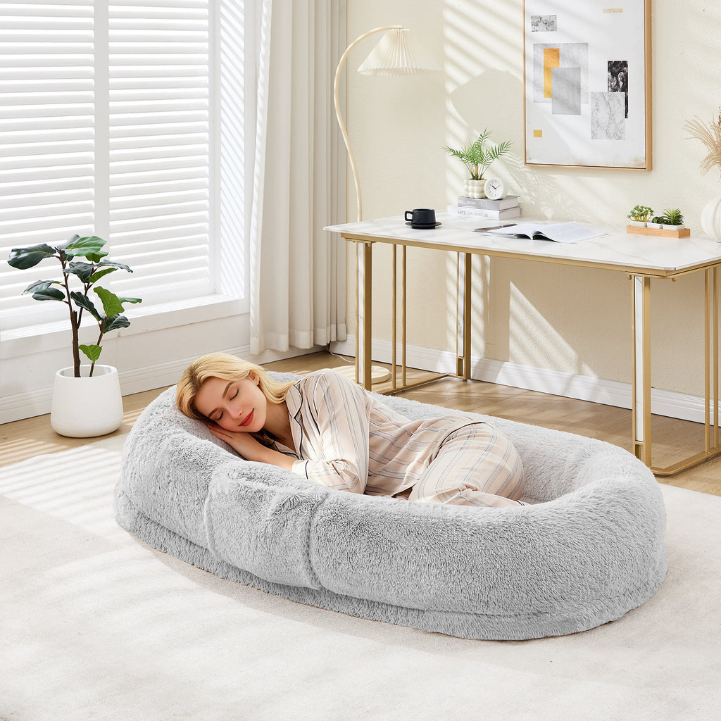 Garvee Orthopedic Memory Foam Dog Bed for Adults & Large Dogs – Oversized Calming Bean Bag Couch, Washable Faux Fur Cover, Side Pocket, Waterproof, Relaxing Nap Bed for Bedroom or Office – Light Gray