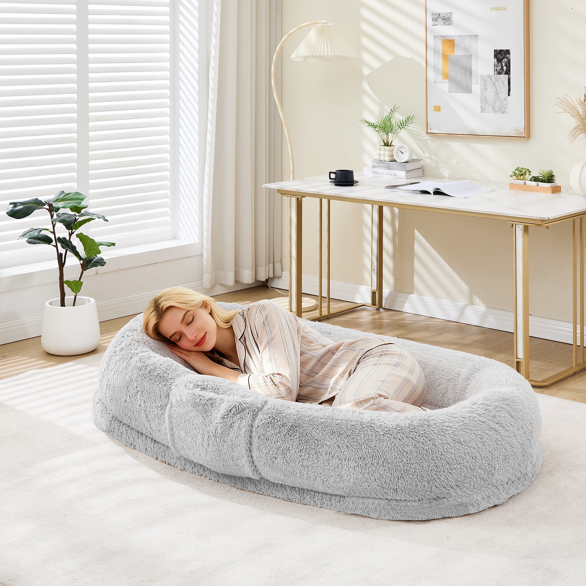 Garvee Orthopedic Memory Foam Dog Bed for Adults & Large Dogs – Oversized Calming Bean Bag Couch, Washable Faux Fur Cover, Side Pocket, Waterproof, Relaxing Nap Bed for Bedroom or Office – Light Gray