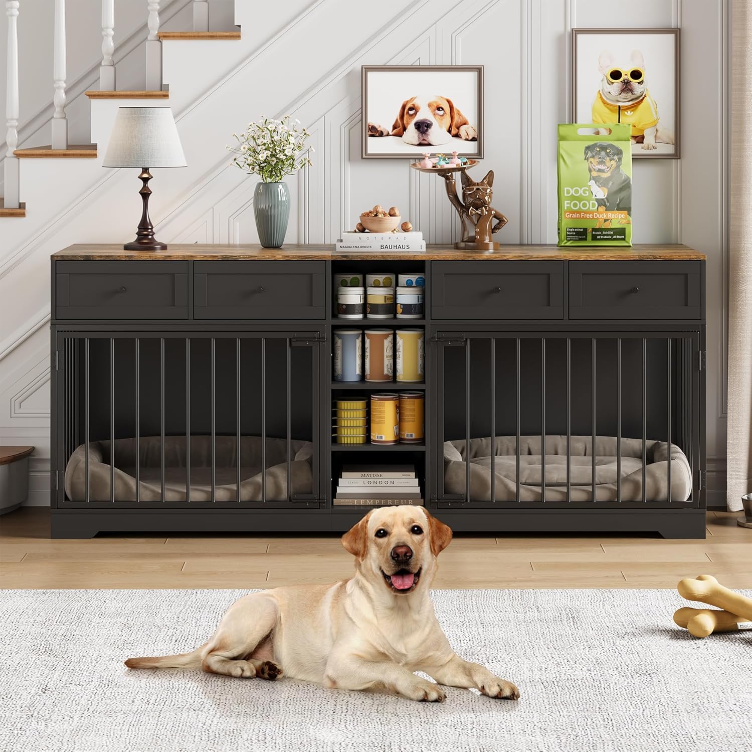 Garvee 82" Large Dog Crate for 2 Dogs, Dog Kennel Indoor with 4 Drawers and Shelves, Heavy Duty Double Dog Crate Furniture TV Stand, Wooden Dog Cage for Medium Large Dogs, Black+Brown