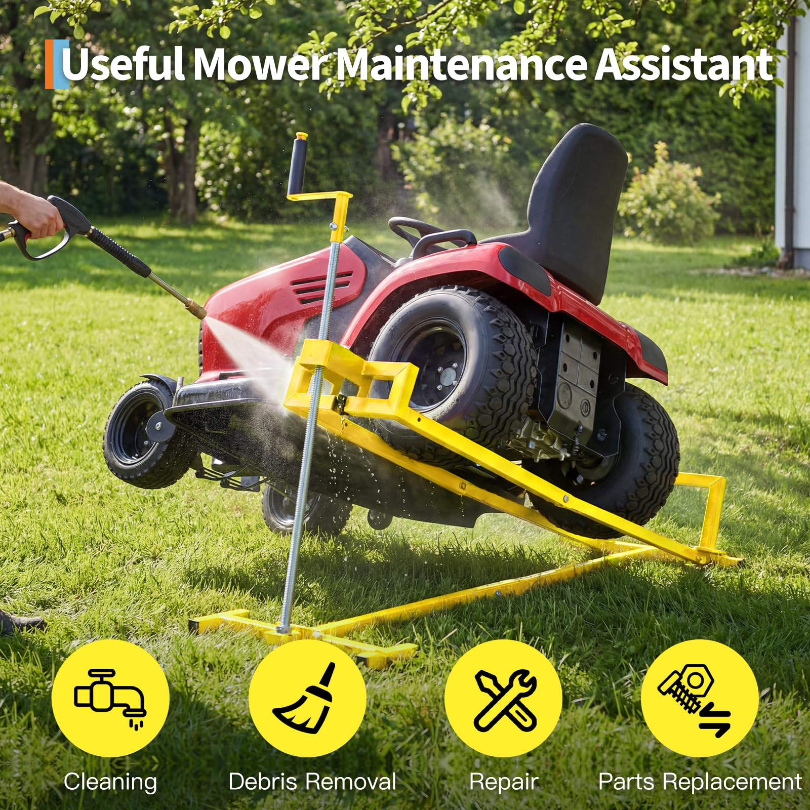 Garvee 880 lbs Heavy Duty Telescoping Lawn Mower Lift Jack - Manual Crank & Power Drill Compatible Hoist for Riding Tractors, Zero-Turn Mowers, & ATVs (Yellow)