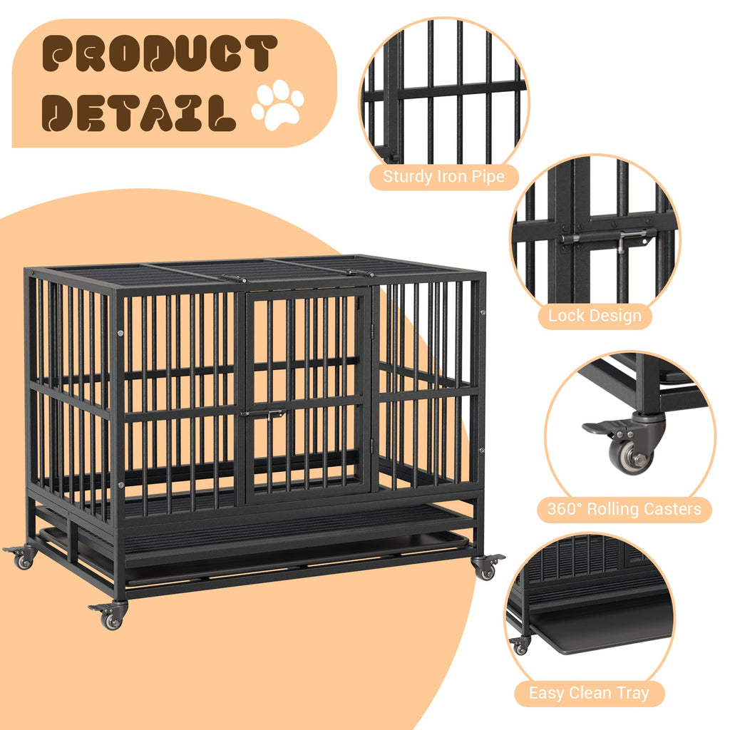 Garvee Heavy Duty Indestructible Dog Crate – Escape-Proof Steel Kennel with Double Doors, 360° Lockable Wheels, Removable Tray, Easy Assembly – Secure Dog Cage for Small, Medium, Large Breeds, Size: 37inch