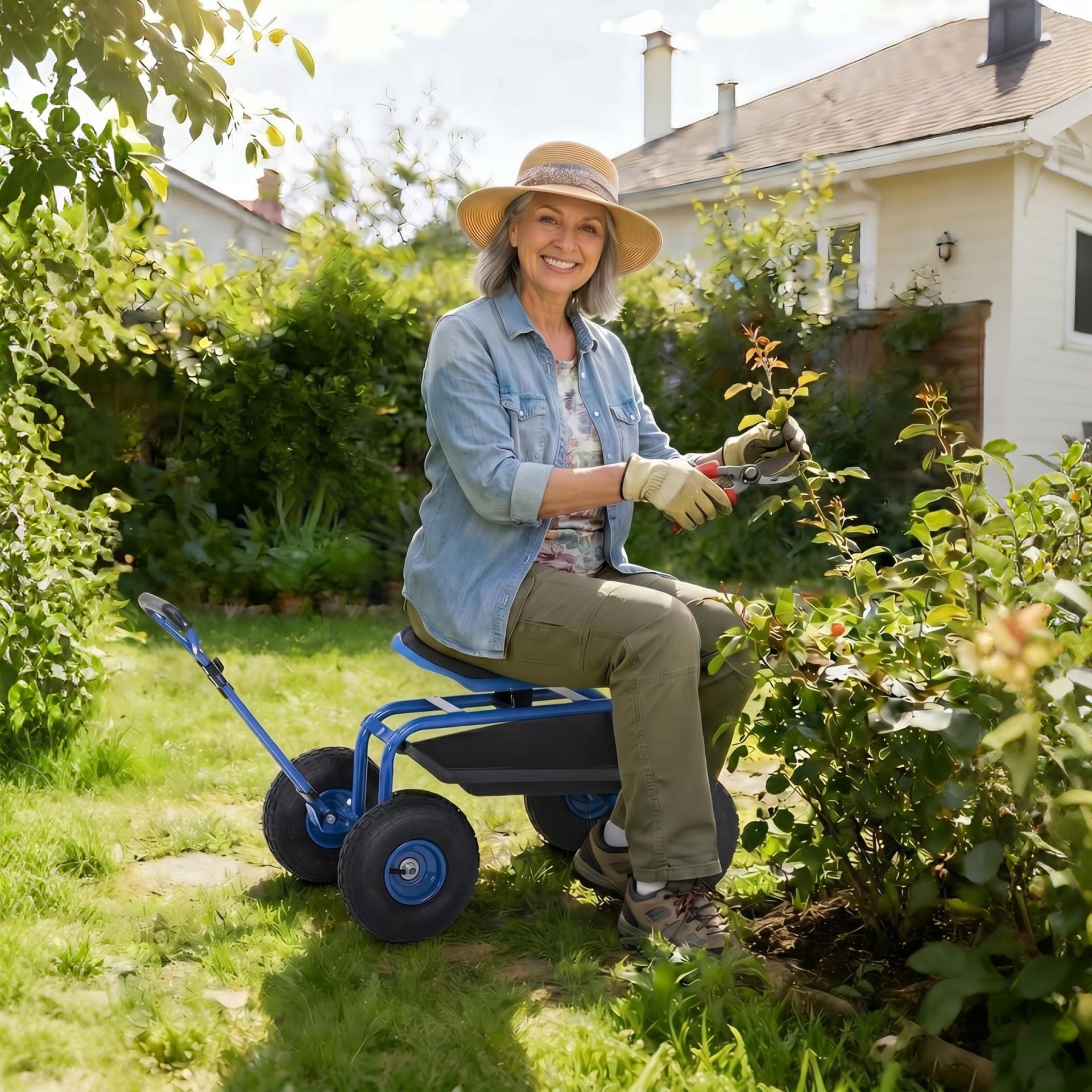 Garvee Blue Rolling Garden Work Seat with Wheels, 360° Swivel Gardening Cart with Extendable Steering Handle, Tool Tray, Storage Basket & 10" Inflatable Tires, 400 lb Capacity Garden Scooter for Yard, Patio & Outdoor Use