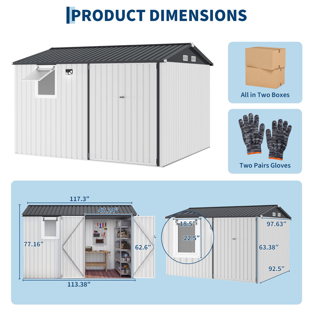 Garvee 10x8FT Metal Outdoor Storage Shed with Pushable Window, LED Light & Pegboard, Lockable Double Doors, Sloping Roof, Ventilation, Corrosion-Resistant Steel Garden Tool Shed for Patio, Backyard & Garage