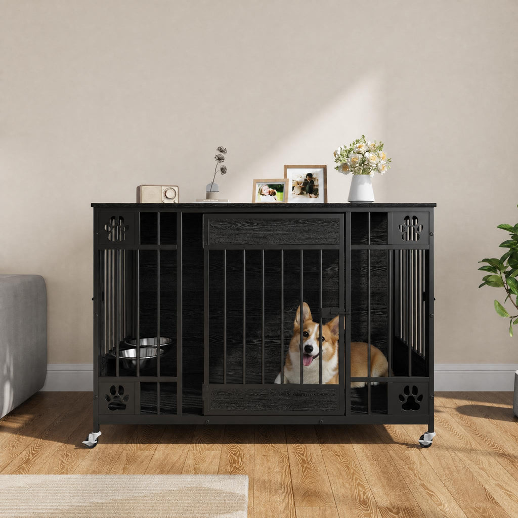 Garvee Modern Triple Door Dog Crate Furniture – 41" Decorative Wooden Kennel for Medium & Small Dogs – Stylish Indoor Pet Cage – Black Relief
