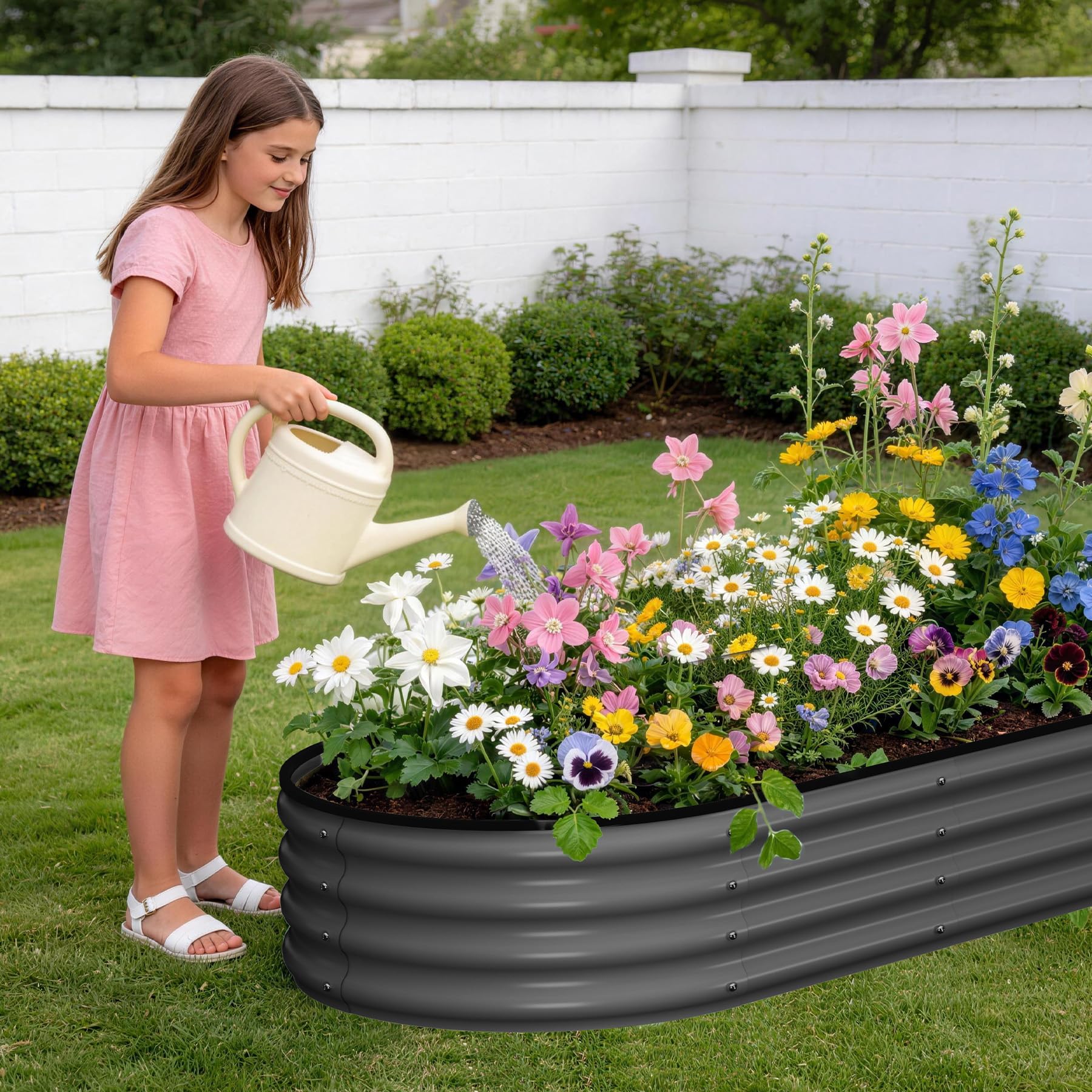 Garvee Raised Garden Beds, 2 Pack 4 x 2 x 1 ft Oval Galvanized Metal Planter Boxes with 0.5 mm Steel, Open Bottom & Rubber Edging for Vegetables, Herbs & Flowers, Dark Gray
