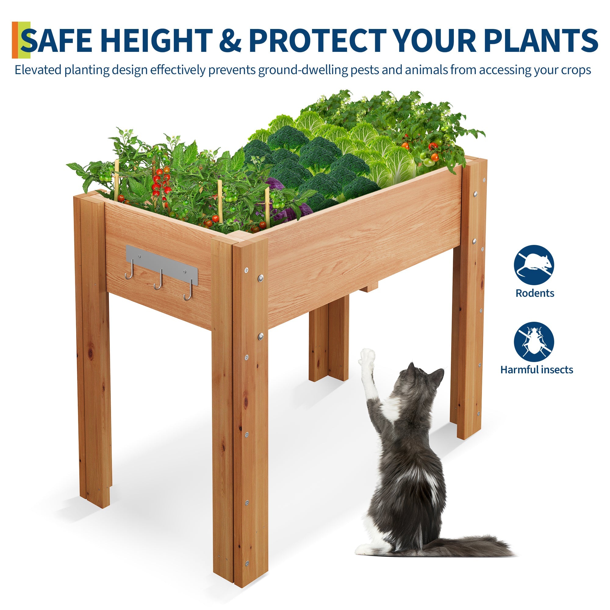 Garvee Ergonomic Elevated Wooden Raised Garden Bed with Legs & Hooks, 34" x 18" x 30" Planter Box with Non-Woven Liner, Easy Assembly for Vegetables, Herbs & Flowers, Oak
