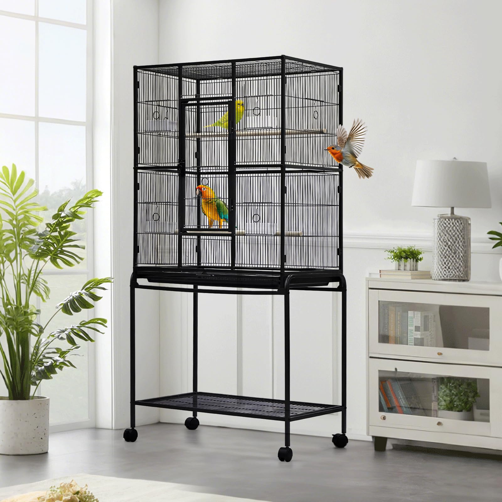 Garvee 62.6" Large Bird Cage, Parrot Bird Cage with Rolling Stand & Storage Shelf, Heavy Duty Wrought Iron Flight Cage, Secure Lock, Ideal for Parakeets, Parrots, Cockatiels, Conures, Lovebirds