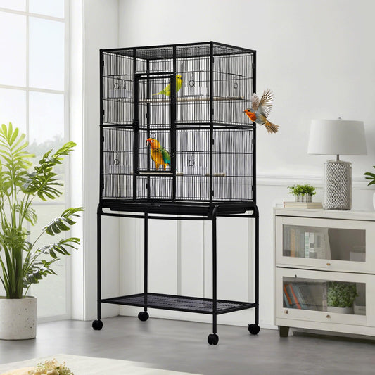 Garvee 62.6" Large Bird Cage, Parrot Bird Cage with Rolling Stand & Storage Shelf, Heavy Duty Wrought Iron Flight Cage, Secure Lock, Ideal for Parakeets, Parrots, Cockatiels, Conures, Lovebirds