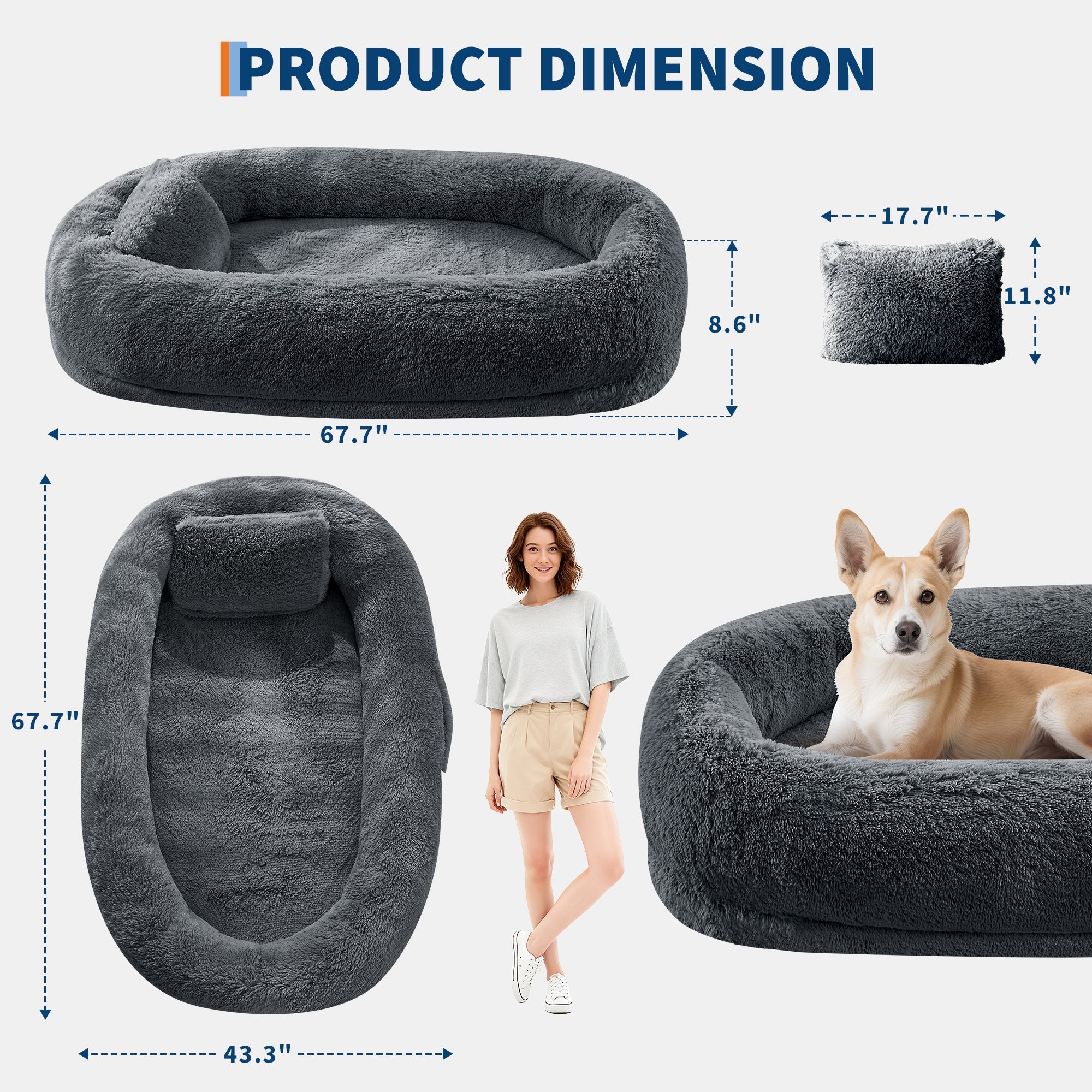 Garvee Orthopedic Soft Faux Fur Human Dog Bed for Adults & Pets – Large 67"x43"x8" Lounger, Plump Pillow, Removable Cover, Handle, Side Pocket, Washable, Bedroom, Office, Deep Blue