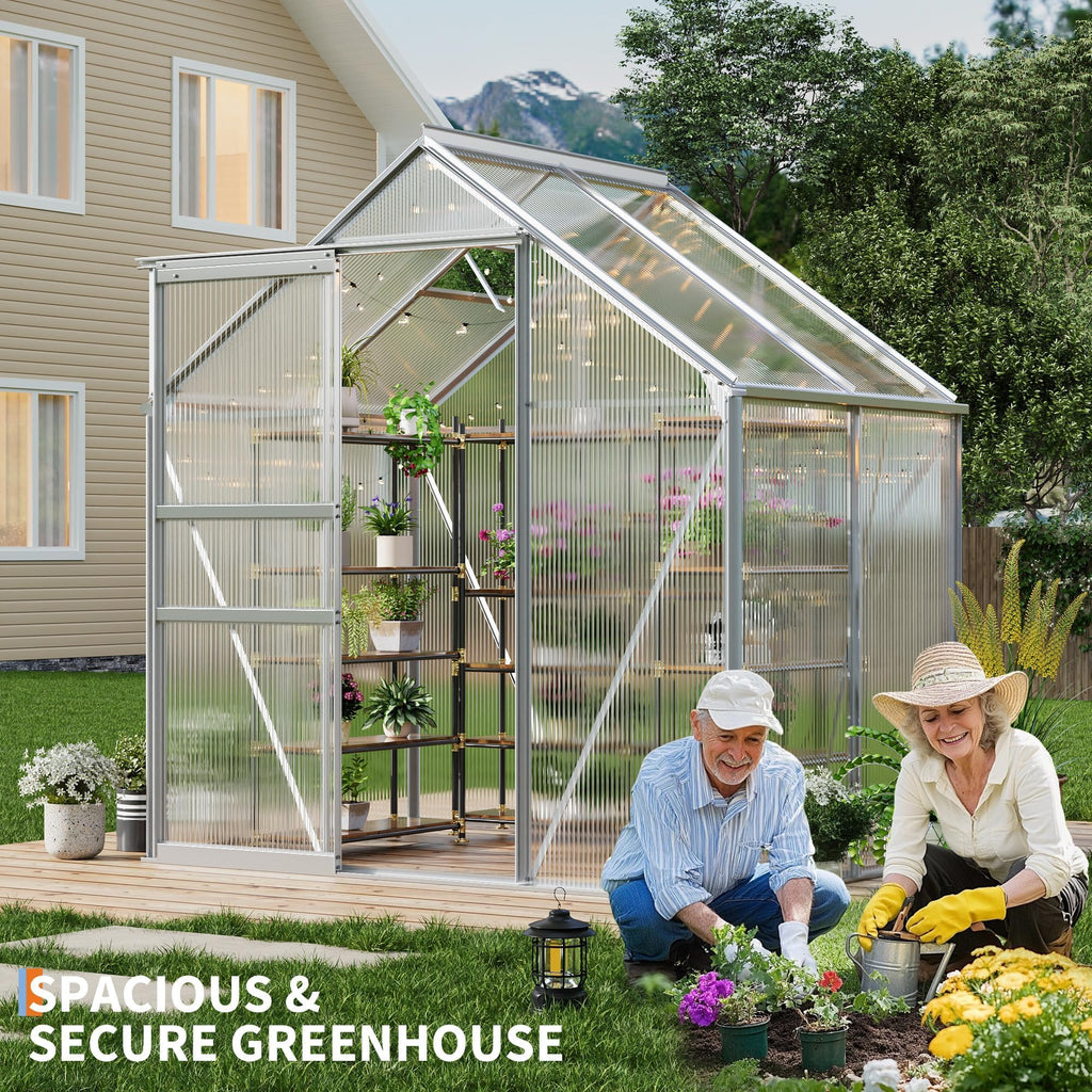 Garvee 6 x 4 FT Polycarbonate Greenhouse with Aluminum Frame, Sliding Door & Adjustable Roof Vent, Heavy-Duty Outdoor Greenhouse for Backyard, Garden, Patio