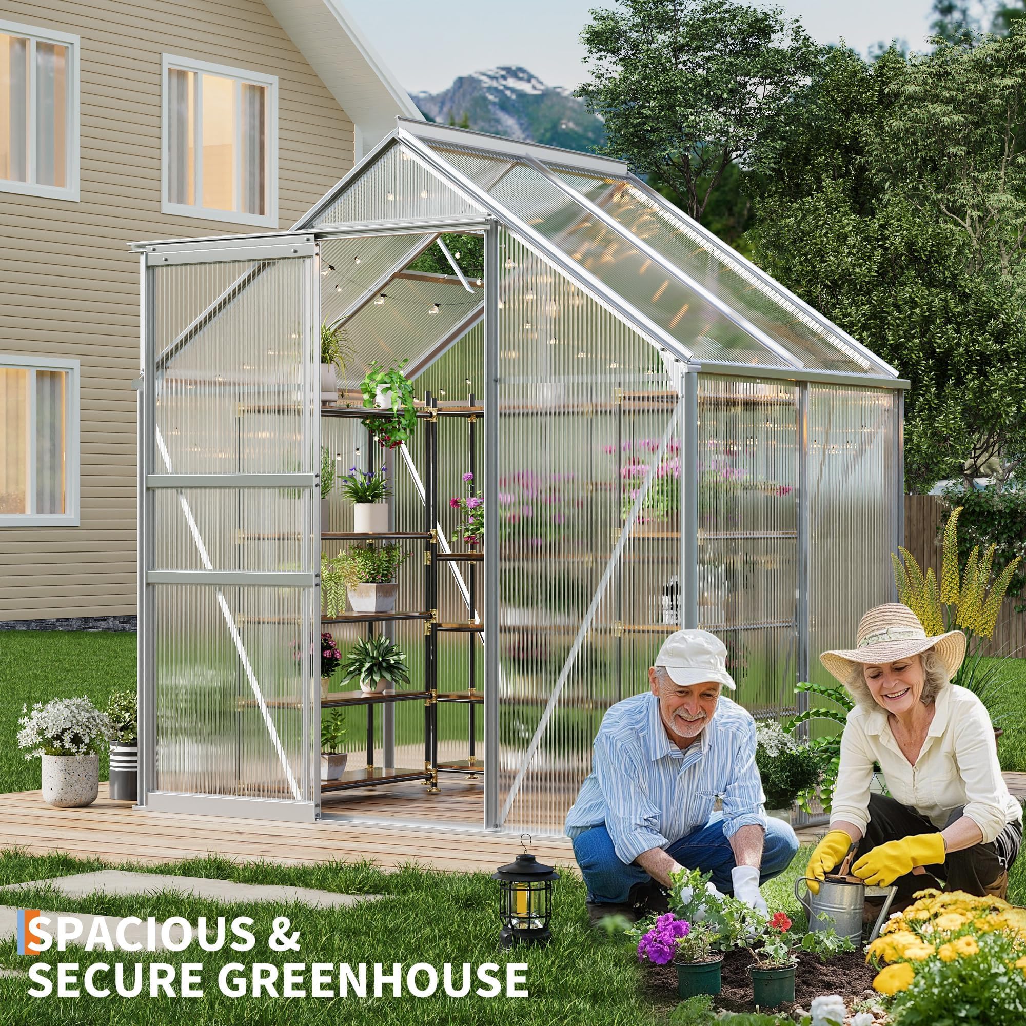 Garvee 6 x 4 FT Polycarbonate Greenhouse with Aluminum Frame, Sliding Door & Adjustable Roof Vent, Heavy-Duty Outdoor Greenhouse for Backyard, Garden, Patio