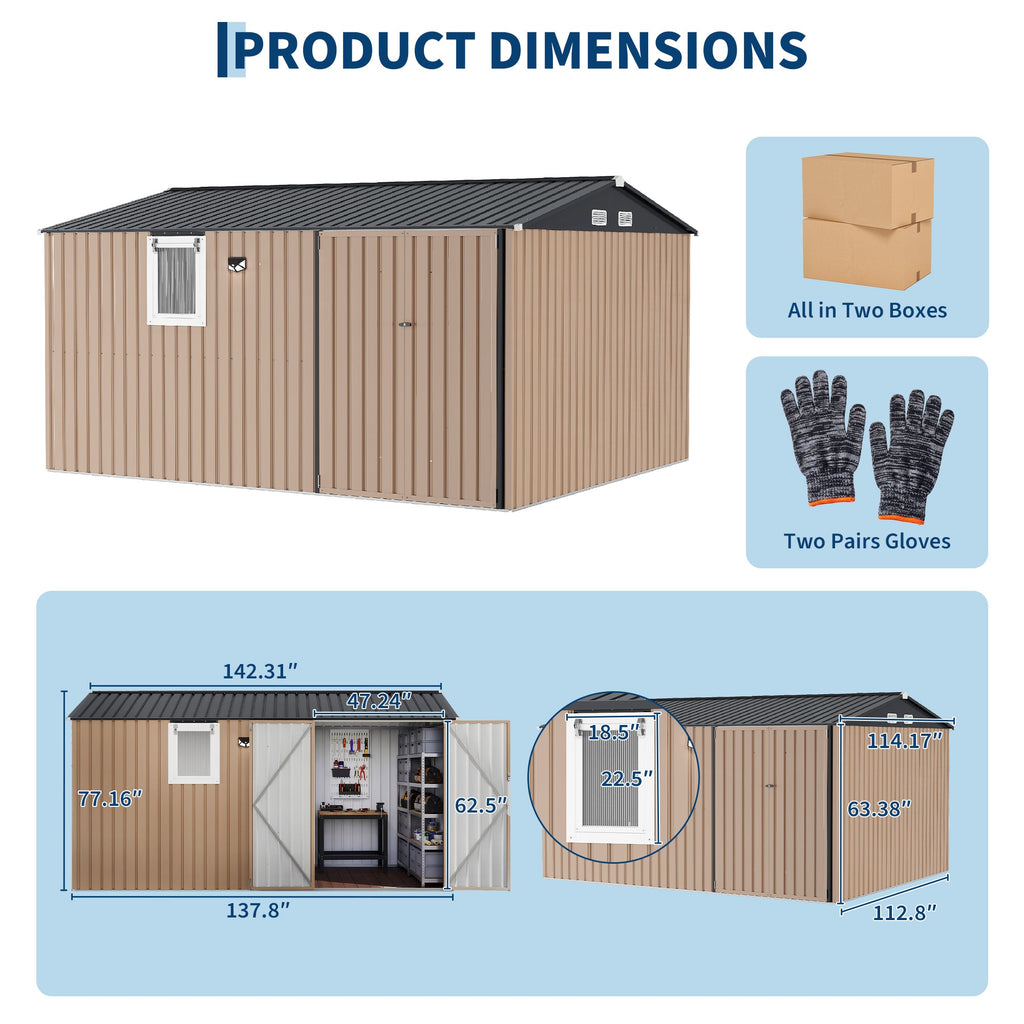 Garvee Metal Outdoor Storage Shed 10 ft x 12 ft – Heavy-Duty Lockable Garden Storage Cabinet with Doors & Windows, Weather-Resistant for Patio, Lawn & Backyard, Brown & Black